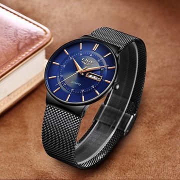 Lige LG9949C-FD-DE Watch (1.57 Zoll), Herren-Armbanduhr Blau Schwarz ultradünn, Edelstahl, modisch, analog