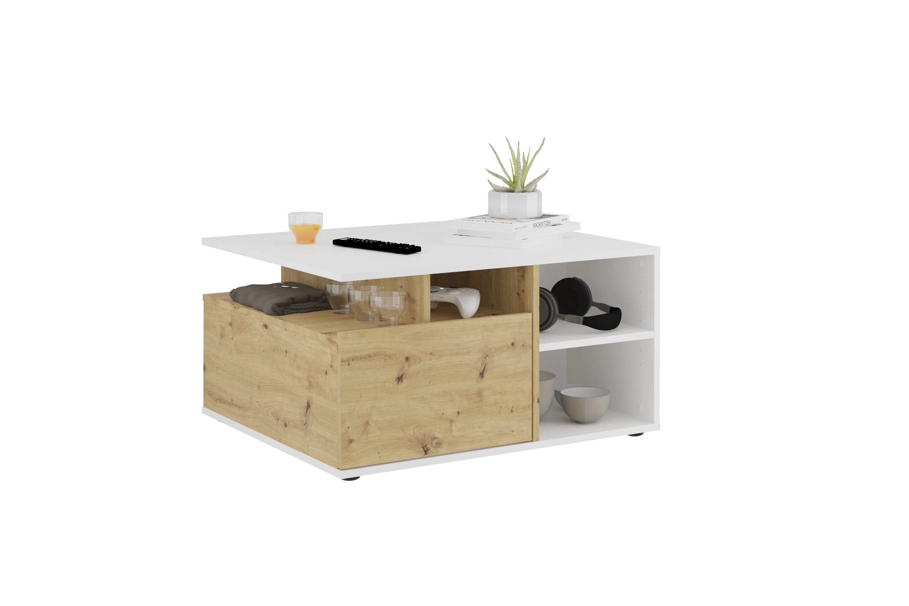 FMD Möbel Couchtisch in Weiß perl-Artisan Eiche - 82x69,1x10,3cm (BxHxT)