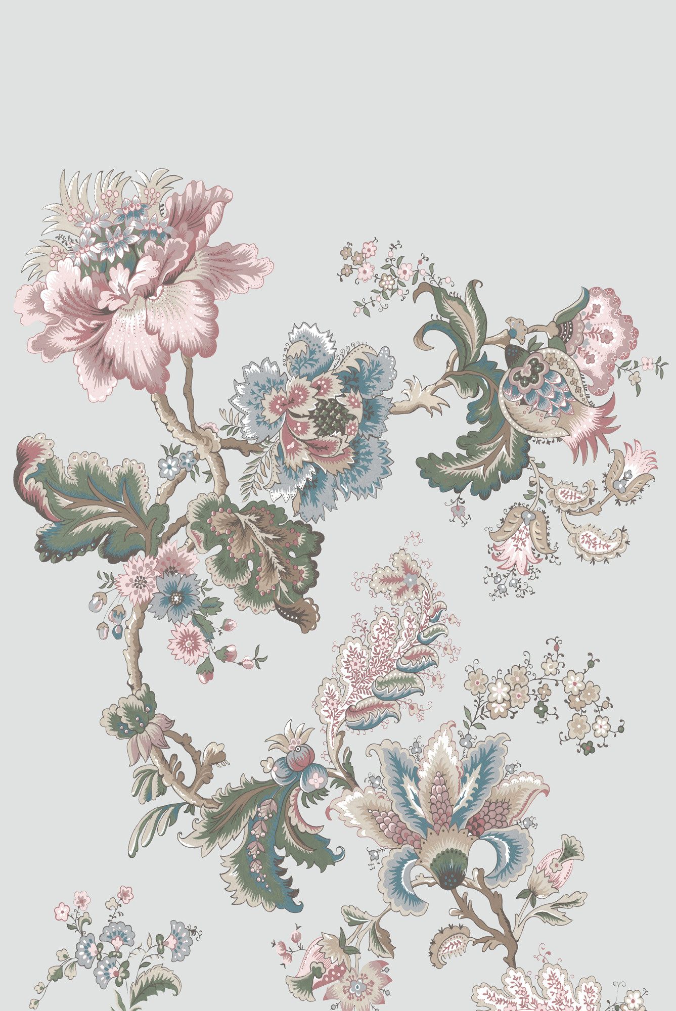 Rasch Fototapete Paisley Blumenranken - Vliestapete Grau Braun Grün, floral, (1 Rolle, 1 St., 3 m x 2 m), Lichtbeständige Farben - Feucht abwischbar - Restlost abziehbar