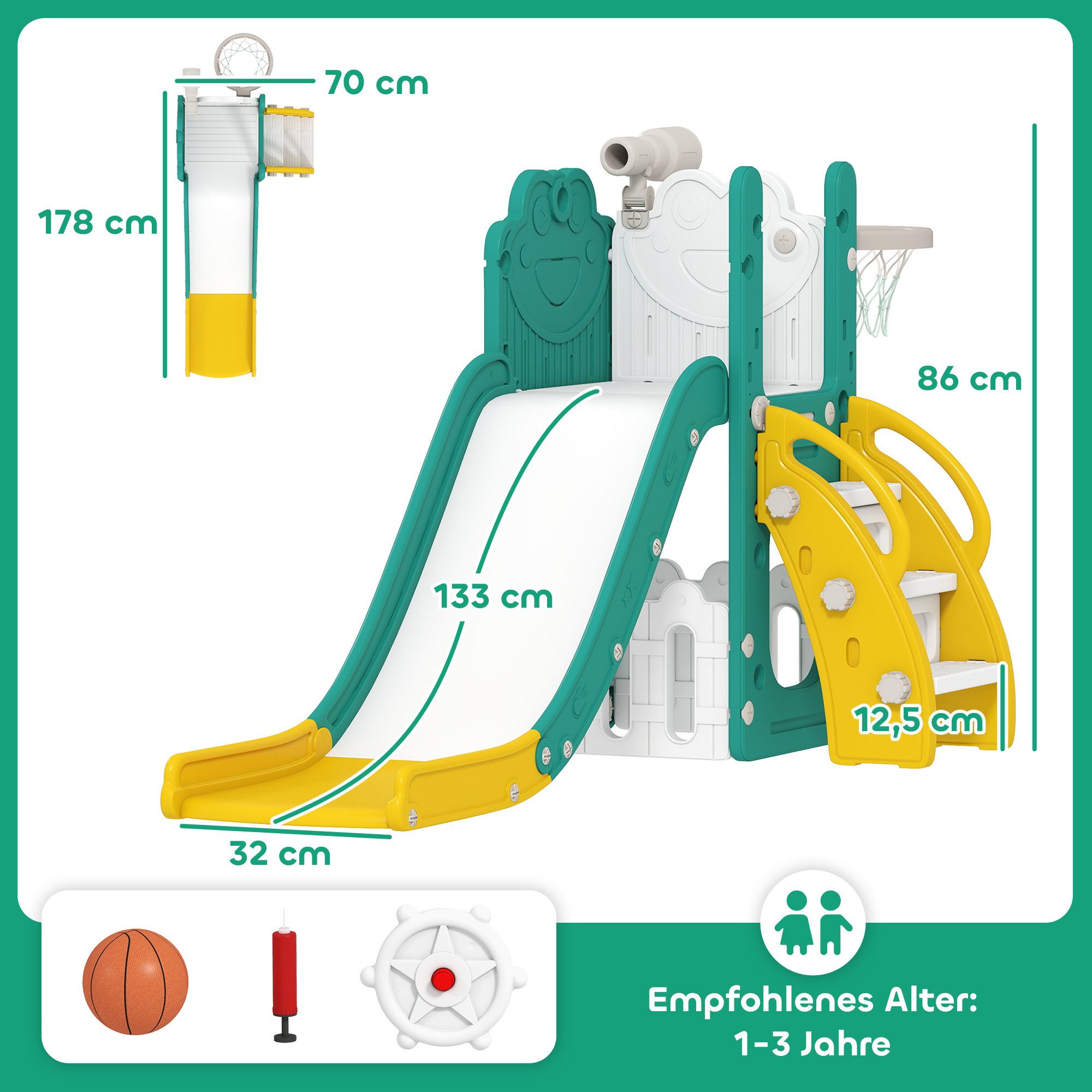 AIYAPLAY Rutsche Klettergerüst 5 in 1 Babyrutsche mit Basketballkorb, Tunnel, (Babyrutsche, 1-tlg., Spielplatz), für Kleinkinder 1-3 Jahre, Gelb