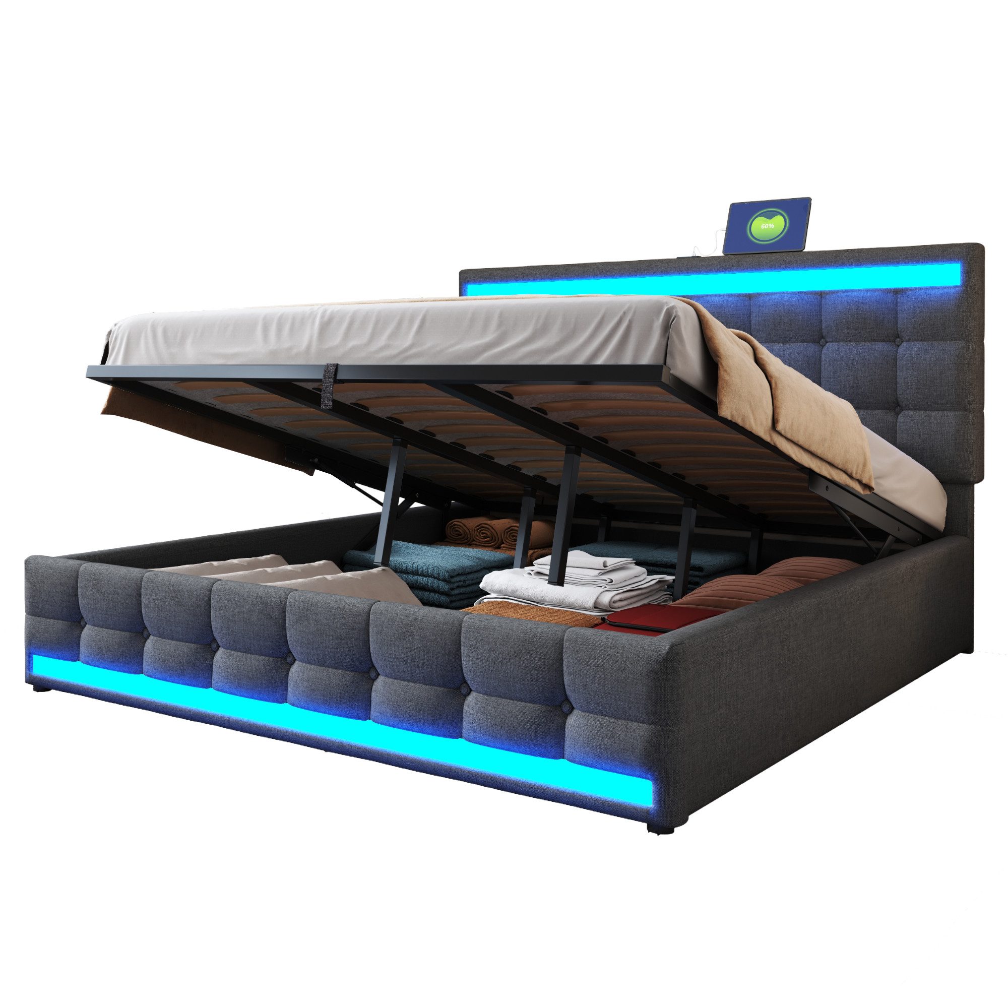 REDOM Polsterbett mit USB-Anschlüssen, RGB-LED-Licht und hydraulischem Stau günstig online kaufen