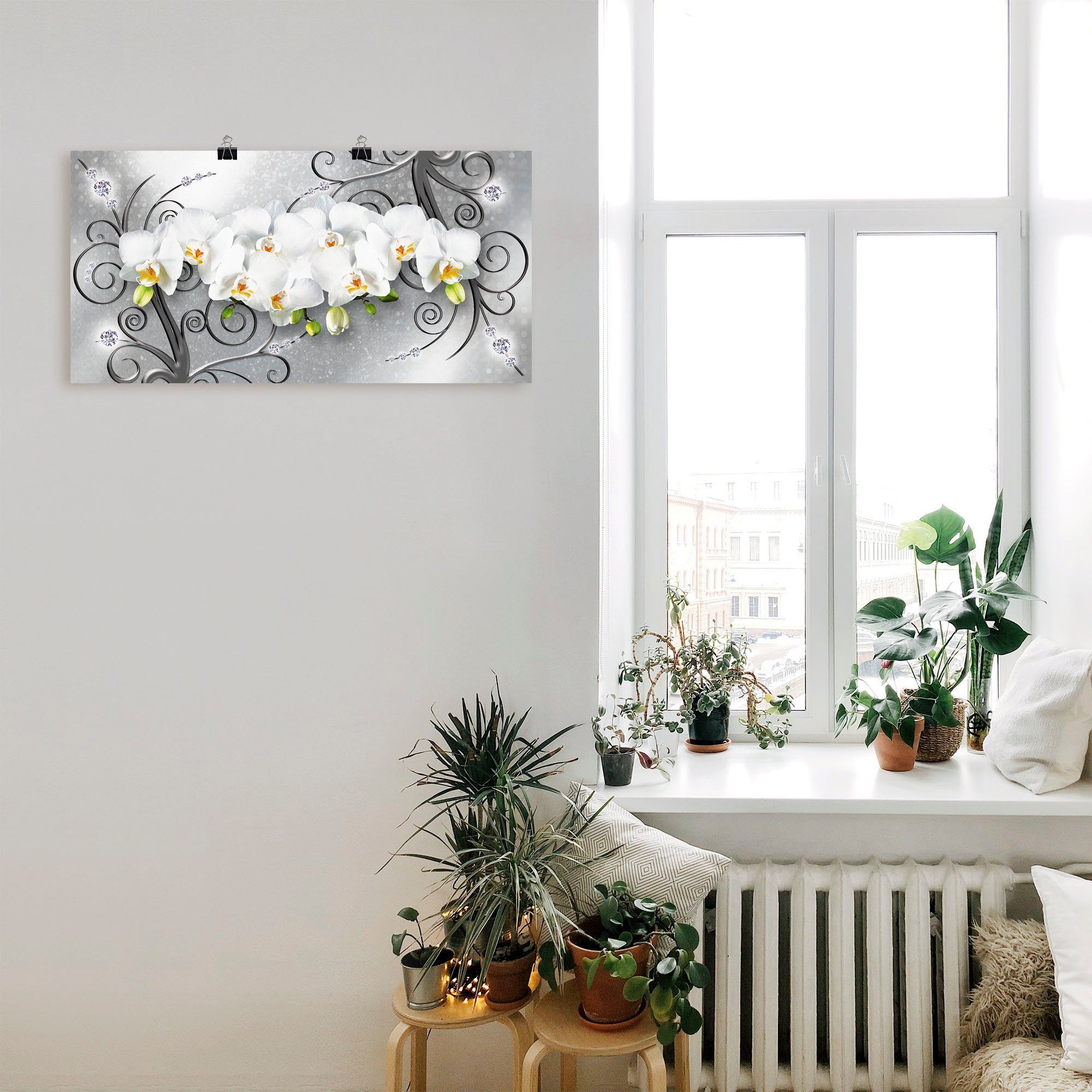 Artland Wandbild weiße Orchideen auf Ornamenten, Blumenbilder (1 St), als Alubild, Leinwandbild, Poster in verschied. Größen