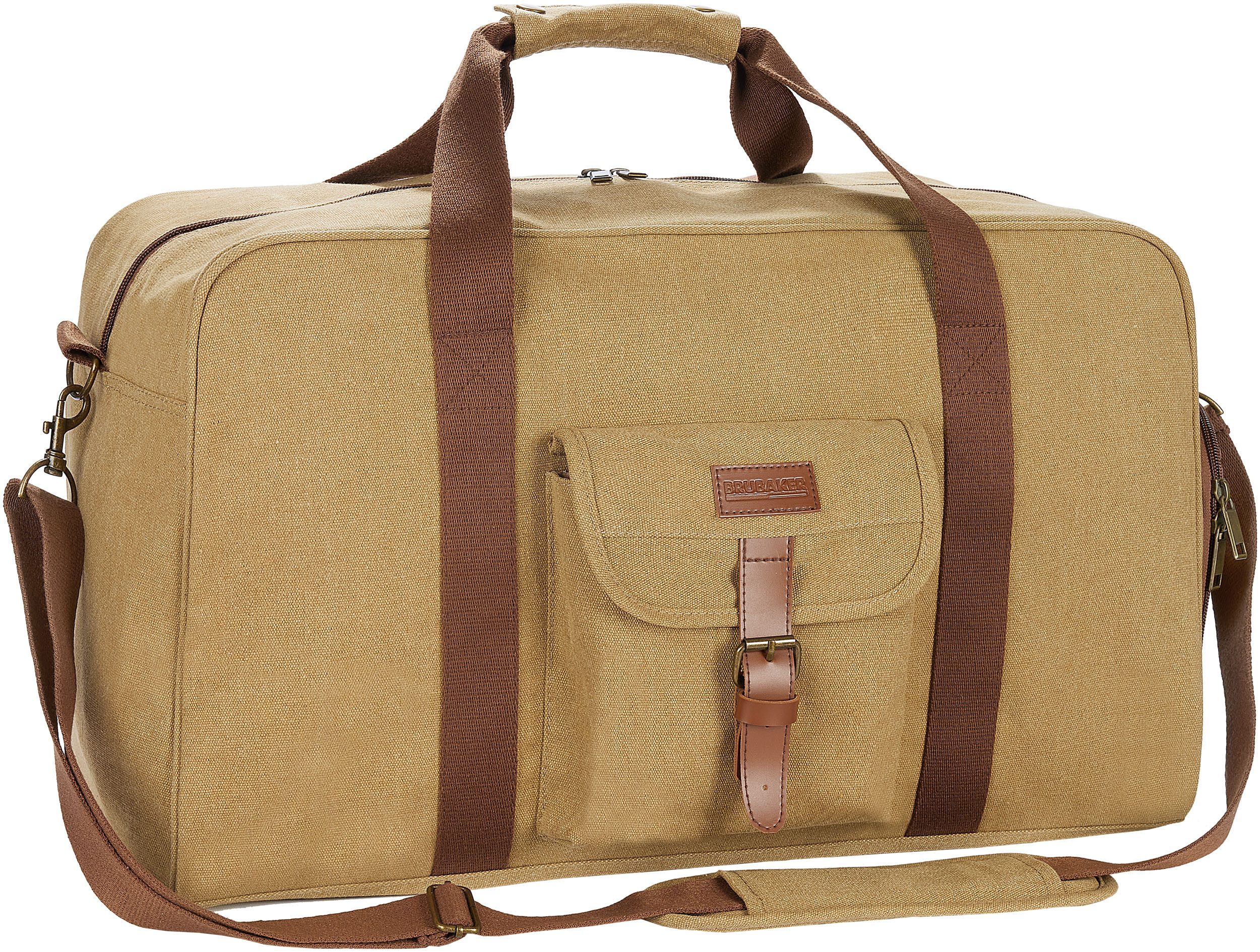 BRUBAKER Weekender Safari - Vintage Reisetasche für Damen und Herren (Retro Tasche für Reisen, Arbeit und Sport, 1-tlg., Braun), 65L Poly Canvas Sporttasche mit Schultergurt und separatem Schuhfach