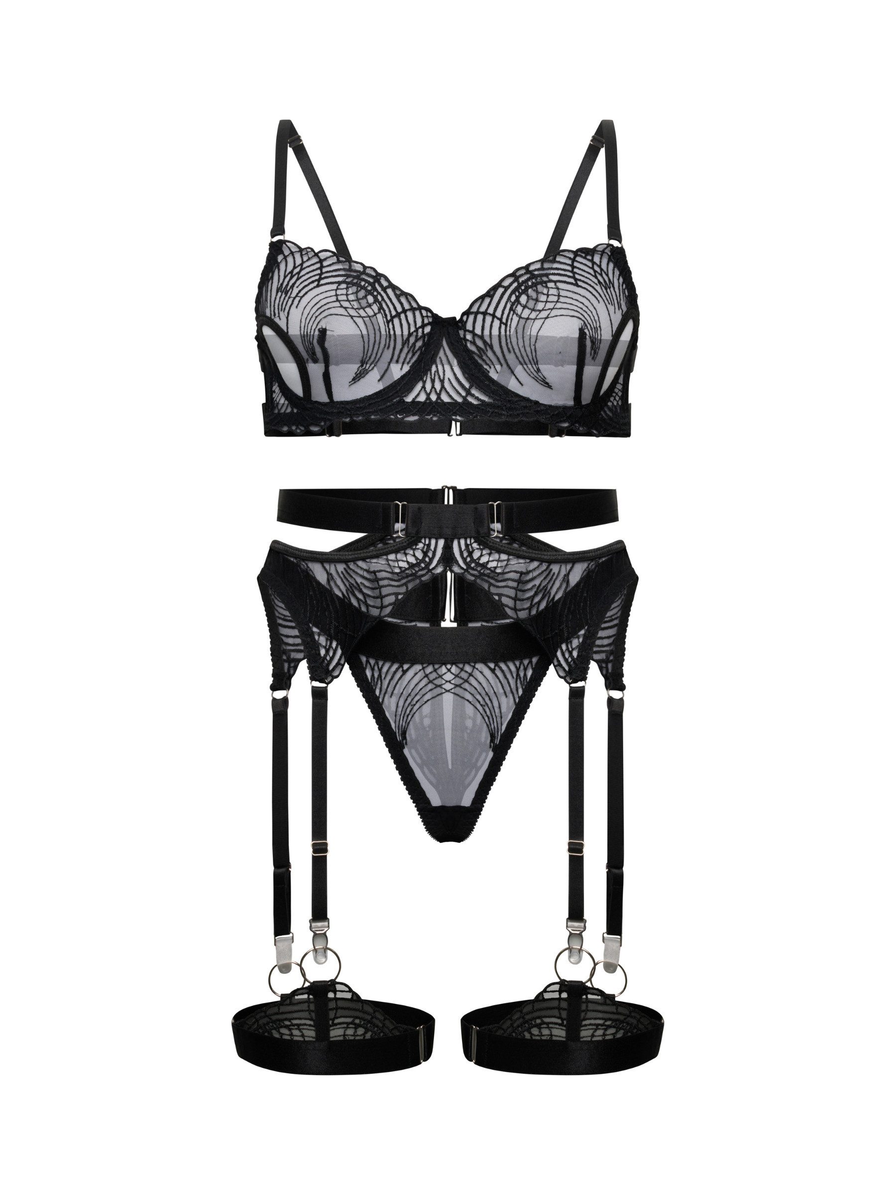 Elegant Love Set: Bügel-BH Sexy Spitzen-Dessous-Set mit Strapsen – Elegantes Lingerie Set (Set, 3-tlg., BH, High-Waist-String mit Strapsgürtel & Beinbänder) Sinnliche Reizwäsche aus Mesh – Damenunterwäsche für besondere Anlässe