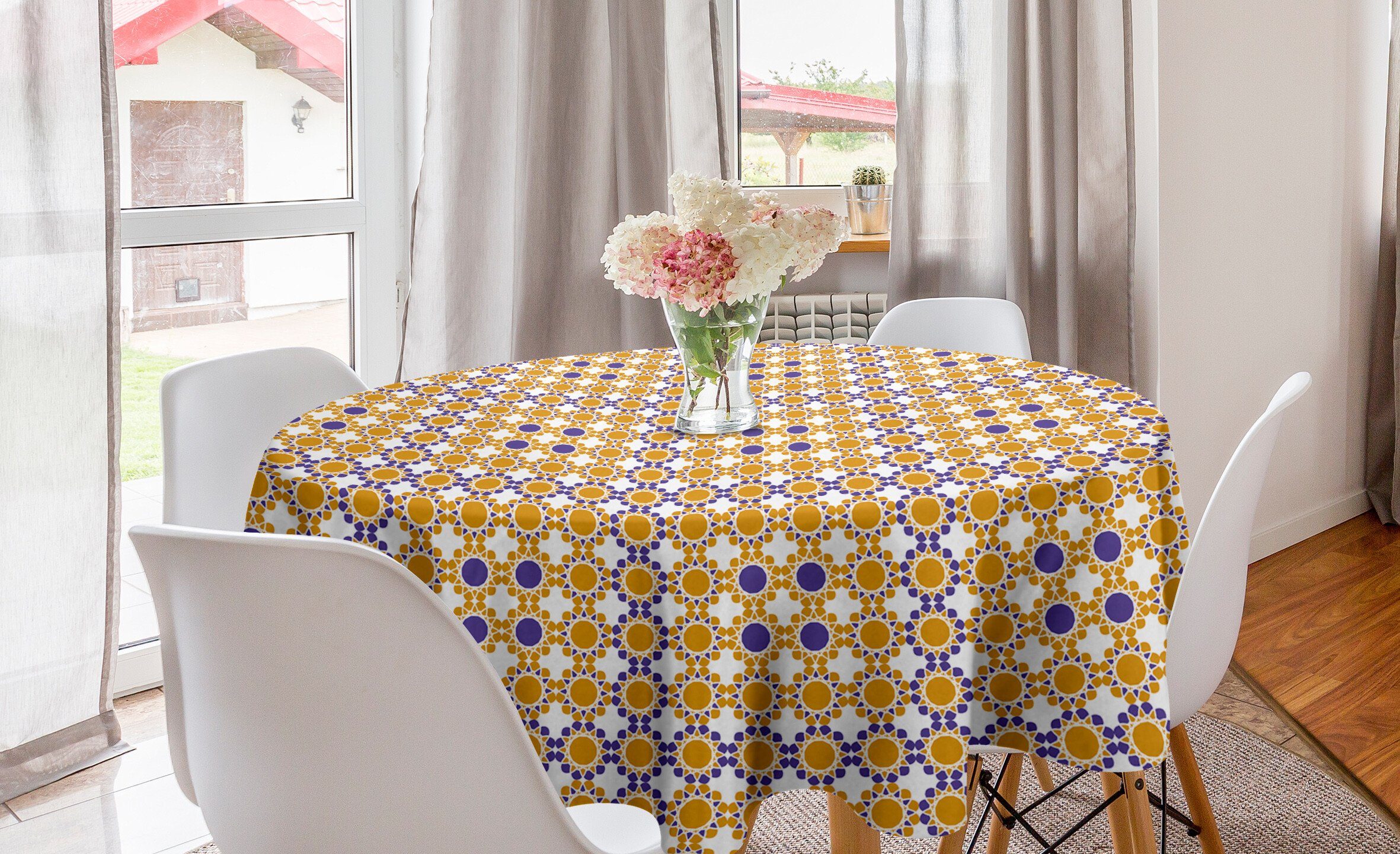 Tischdecke Blumen-Motiv Abdeckung für Kreis Küche Tischdecke Esszimmer Ethnisch Bicolor Abakuhaus Dekoration,