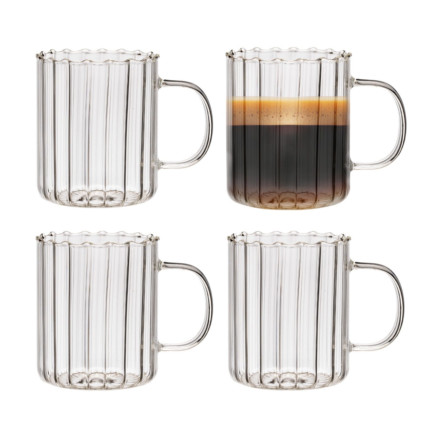 Zoha Glas Riffle Cup Kaffeeglas Teeglas Heißgetränke - 350 ml, 4-tlg., Borosilikatglas, Hitzebeständig Trinkglas Cocktailgläser Eiskaffeegläser Tee Saft