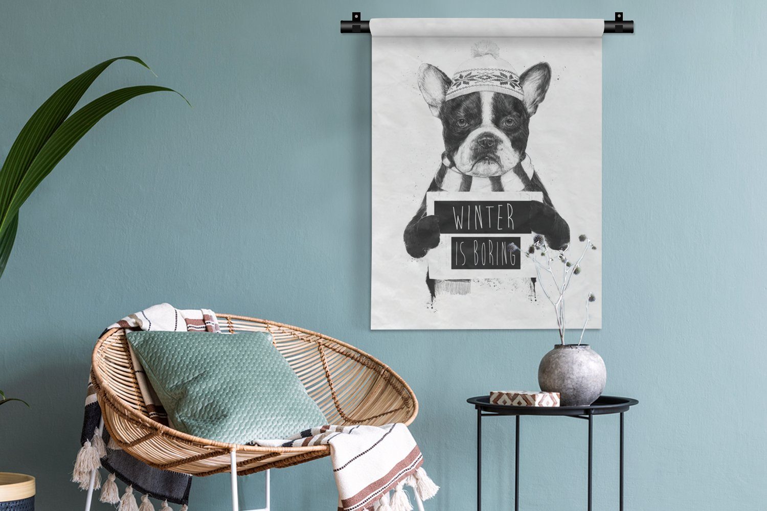 MuchoWow Wanddekoobjekt an Hund - Zitat - Deko Wand, der für Winter Wohnzimmer, - Mütze, Schlafzimmer Tapisserie