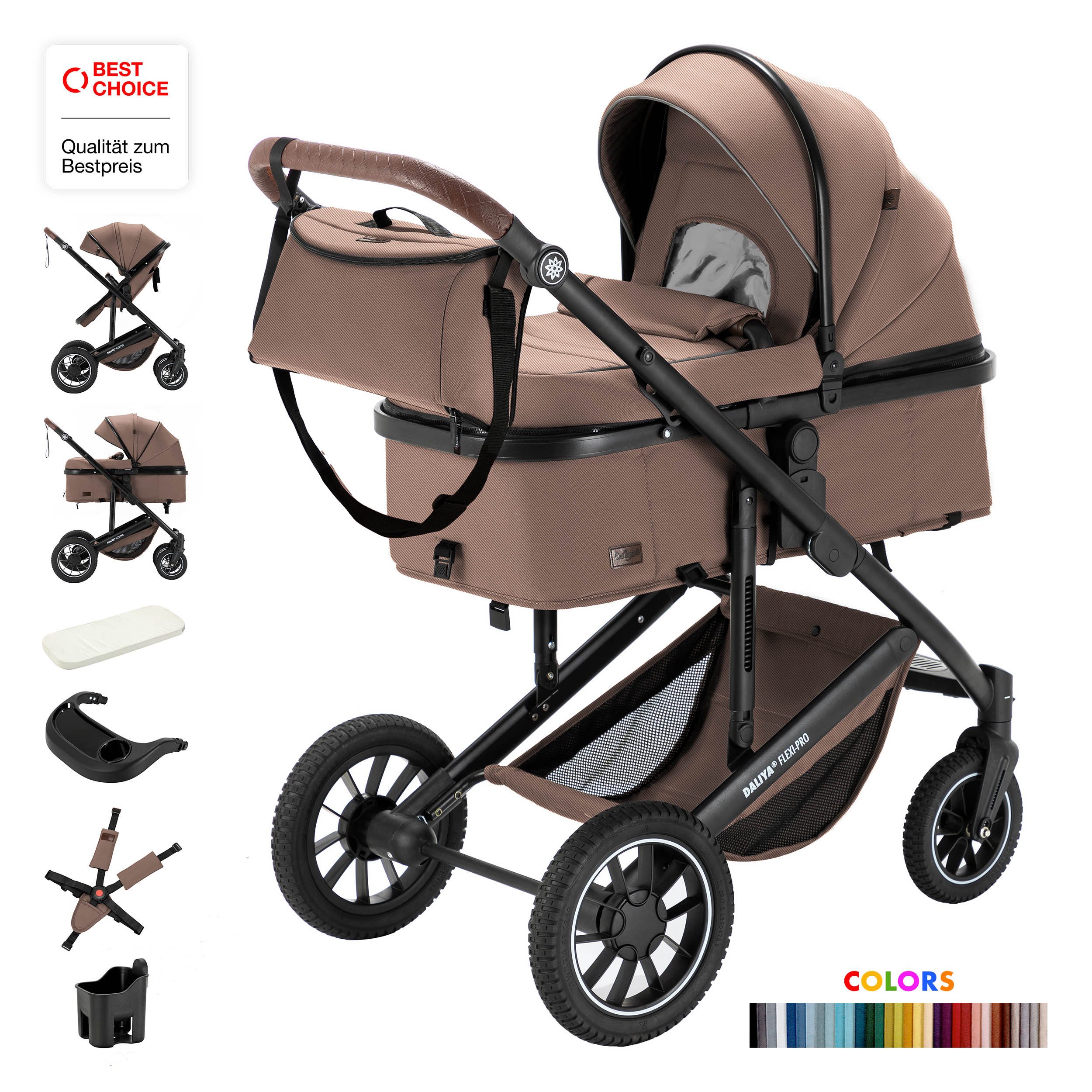 Daliya® Kombi-Kinderwagen FLEXI-PRO M 2in1 Коляски & Buggy, Reisekinderwagen, XXL Set, (10-tlg), Einhändig abnehmbare Wanne, Alu-Rahmen, Gummireifen, Gurte, UV 50+