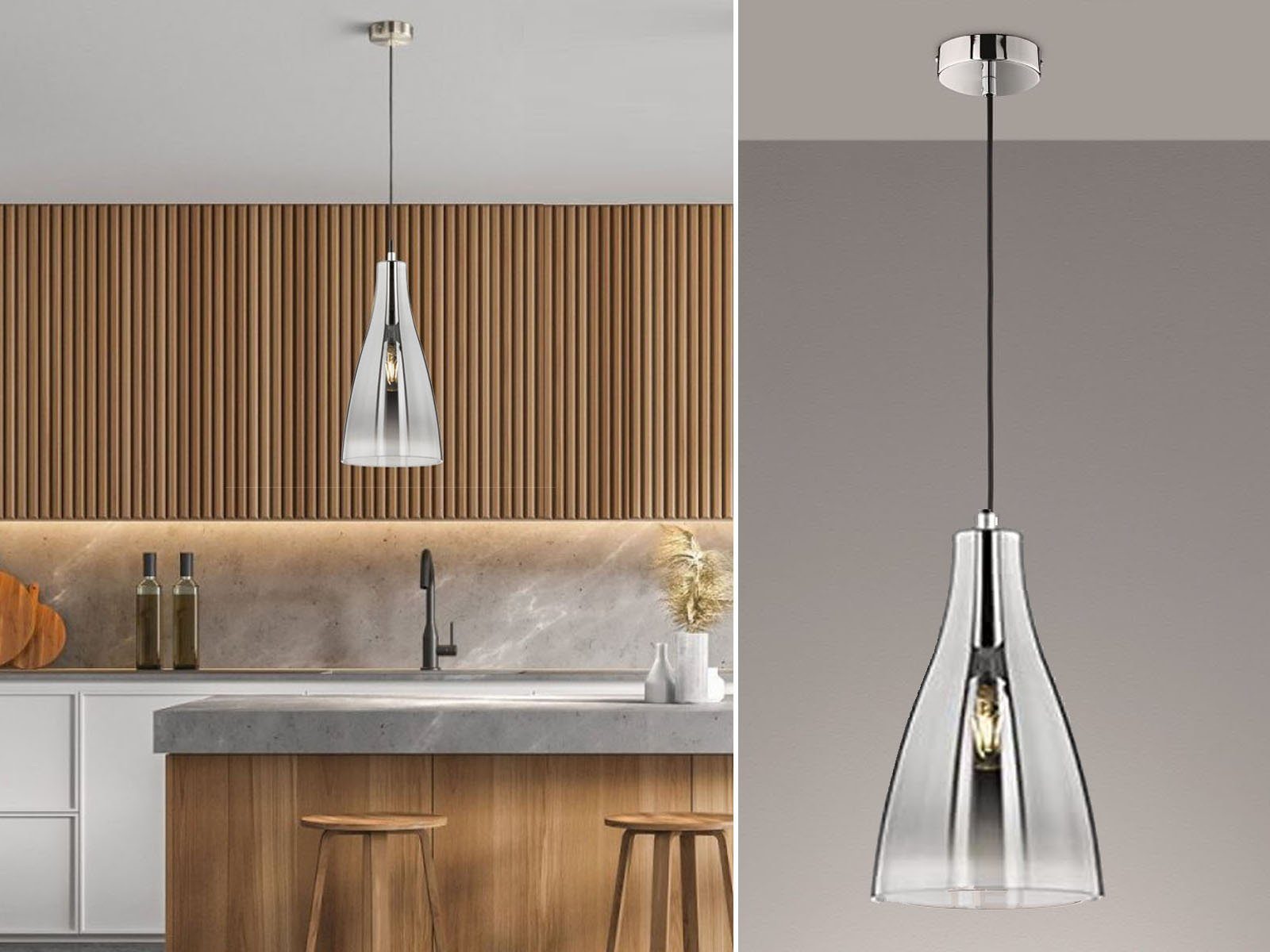 FISCHER & HONSEL LED Pendelleuchte, dimmbar, LED wechselbar, Warmweiß, einflammig minimalistisch, Lampenschirm Ø 23cm klein Glas Silber Chrom