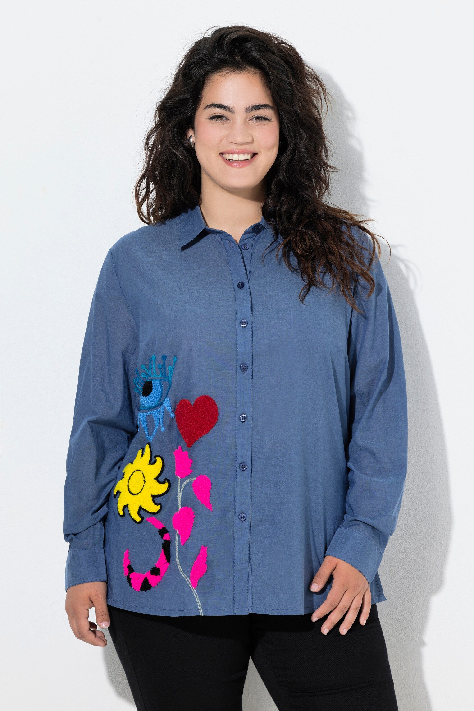 Hemdbluse Bluse A-Linie Frottee-Stickerei Langarm