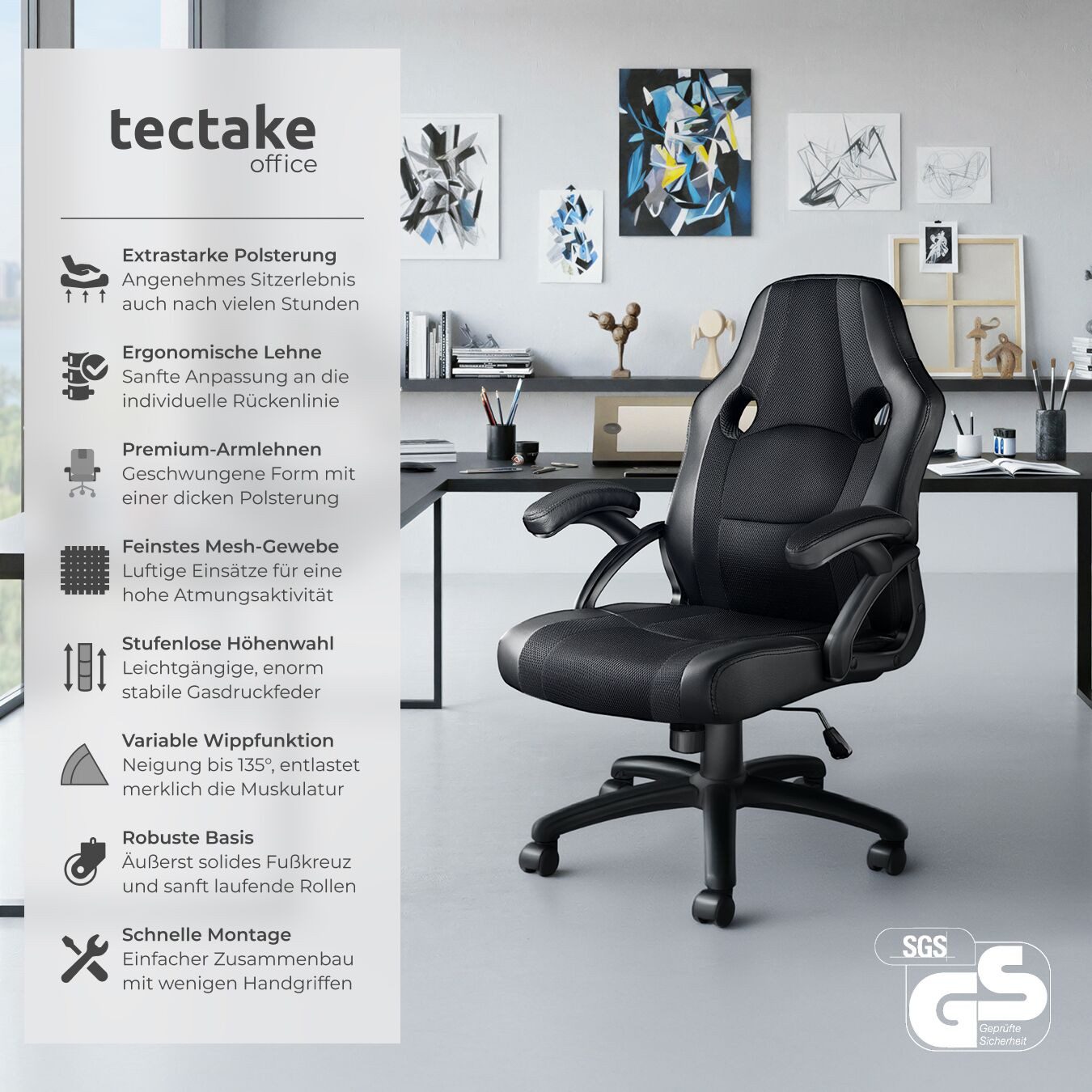 tectake Gaming-Stuhl Bürostuhl (Set, 1 St), Überzug aus weichem Kunstleder
