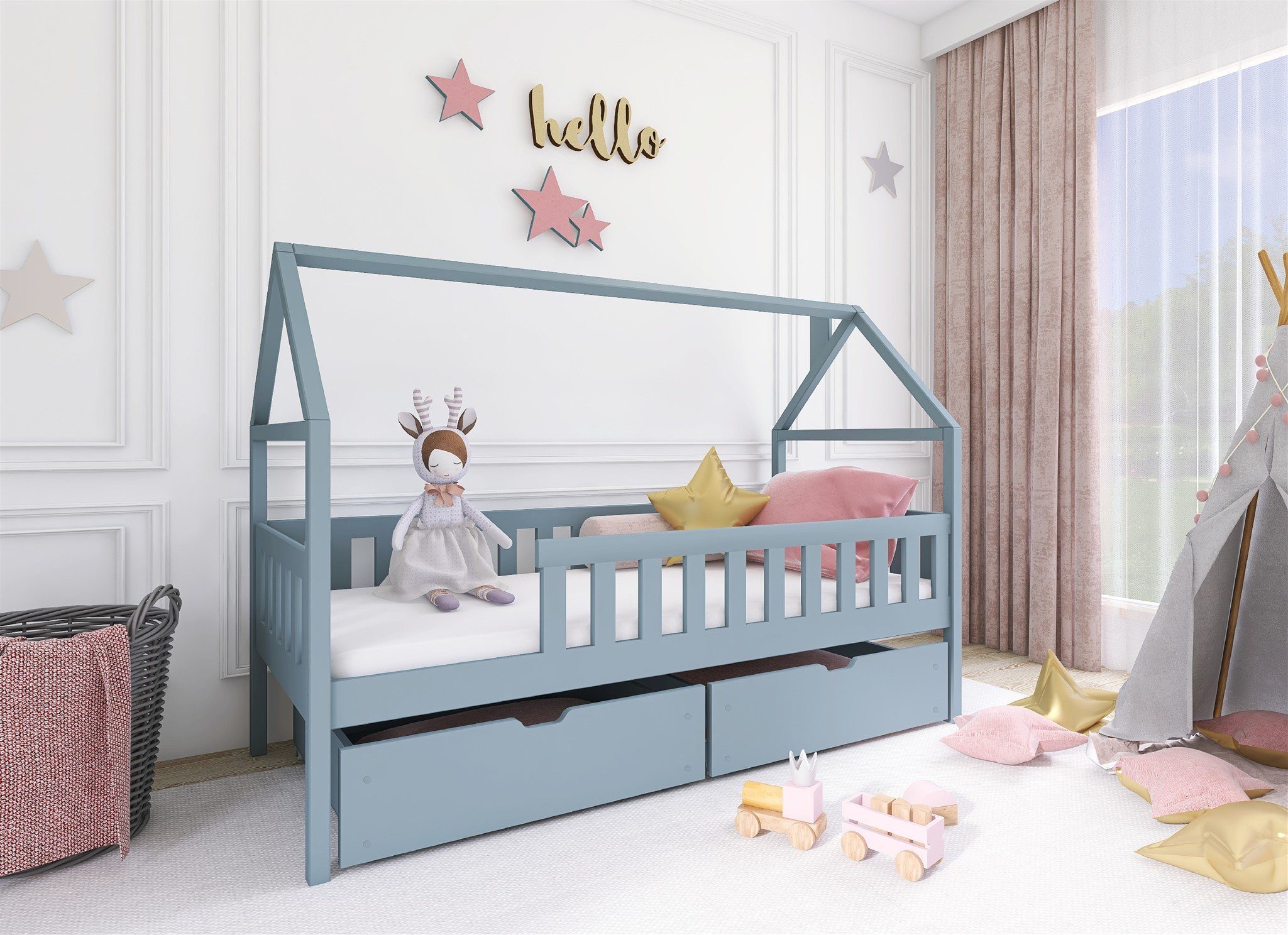 Fun Möbel Hausbett Kinderbett BLAIR (in vier Farben, inkl. Rausfallschutz), Inkl. Rollrost und 2 Schubkästen