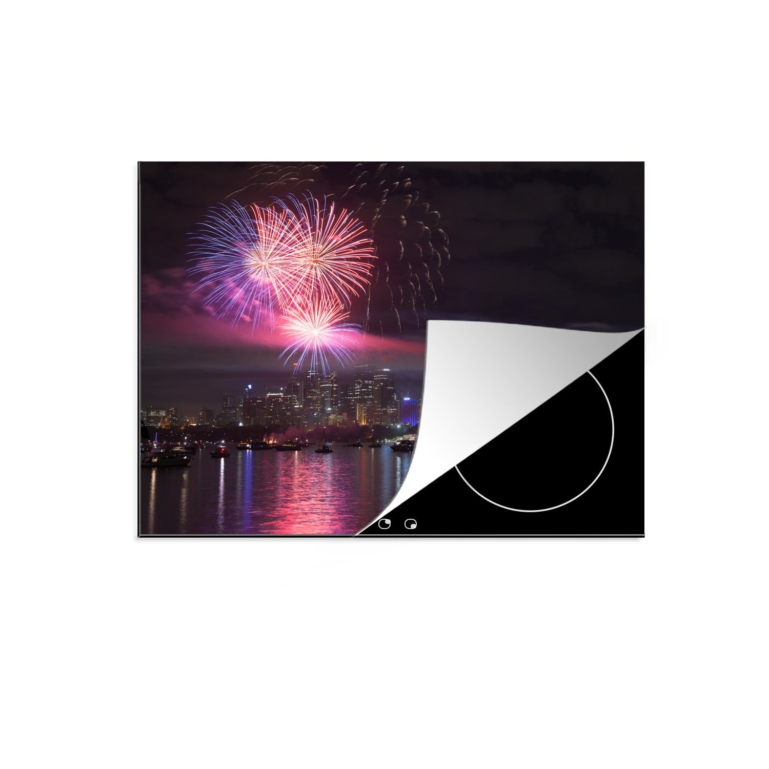 MuchoWow Herdblende-/Abdeckplatte Das Feuerwerk während Sydney tlg), über 60x52 Mobile Vinyl, nutzbar, cm, australischen (1 Ceranfeldabdeckung des, Stadt Arbeitsfläche der