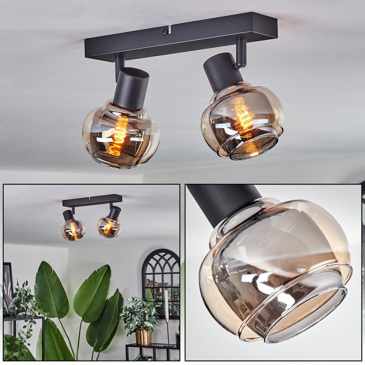 hofstein Deckenleuchte Deckenlampe aus Metall/Glas in Schwarz/Rauchfarben/Bernsteinfarben, ohne Leuchtmittel, verstellbar mit Schirmen aus Rauchglas, 2x E14, ohne Leuchtmittel