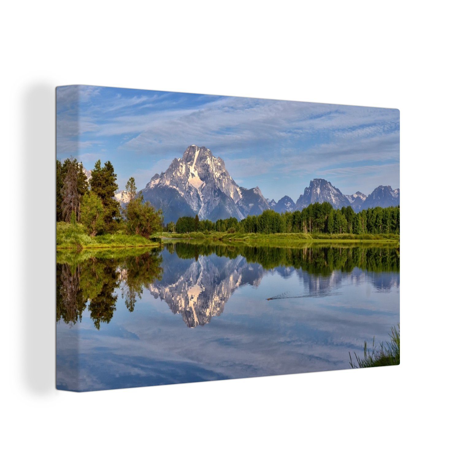 OneMillionCanvasses® Leinwandbild Spiegelung einer grünen Landschaft und der Teton-Berge im Wasser, (1 St), Wandbild Leinwandbilder, Aufhängefertig, Wanddeko, 30x20 cm