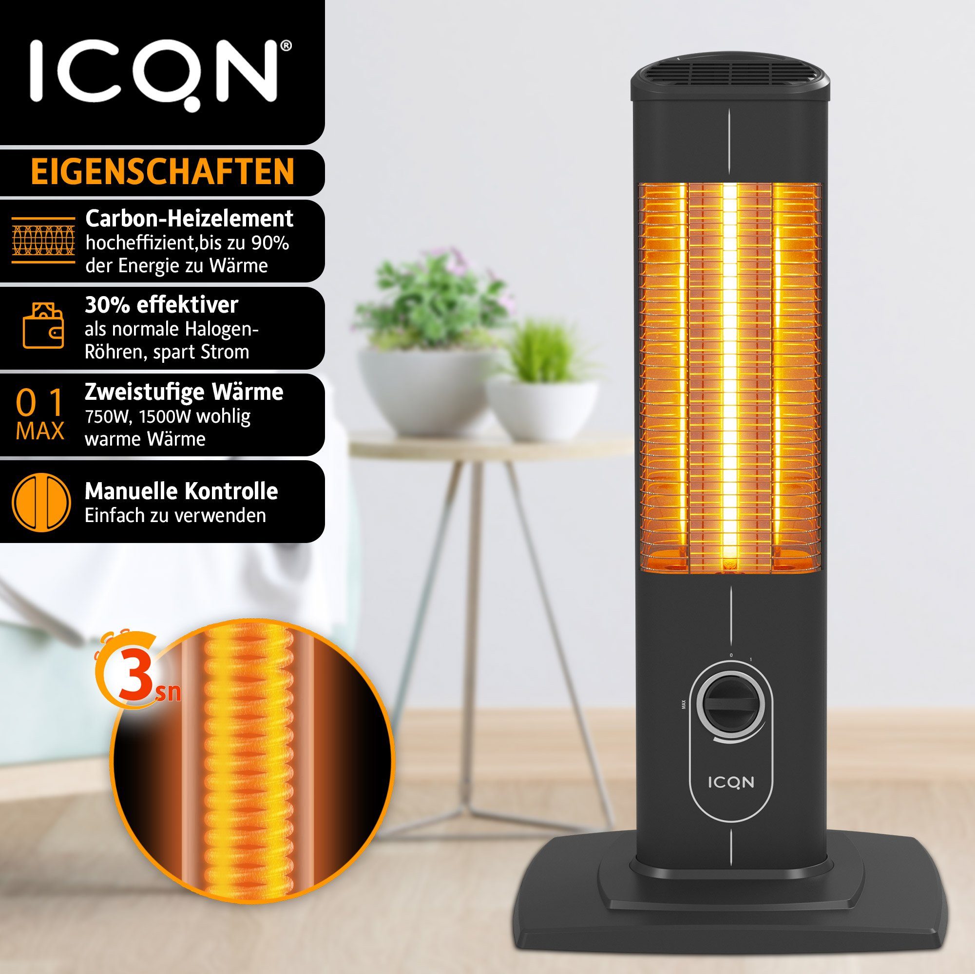 ICQN Heizstrahler IC2300.R-KABEL, Stand Heizstrahler mit Wasserdicht Schutz günstig online kaufen