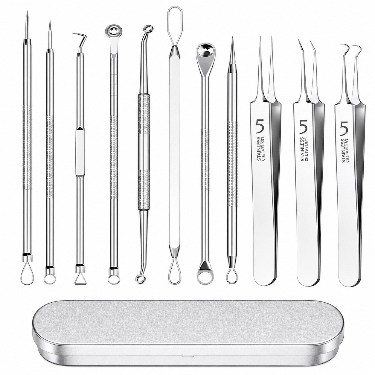 COOL-i ® Mitesserentferner 11 teiliges Mitesserentferner Set aus Edelstahl mit Etui, Komedonen Werkzeuge für kosmetische Pflege