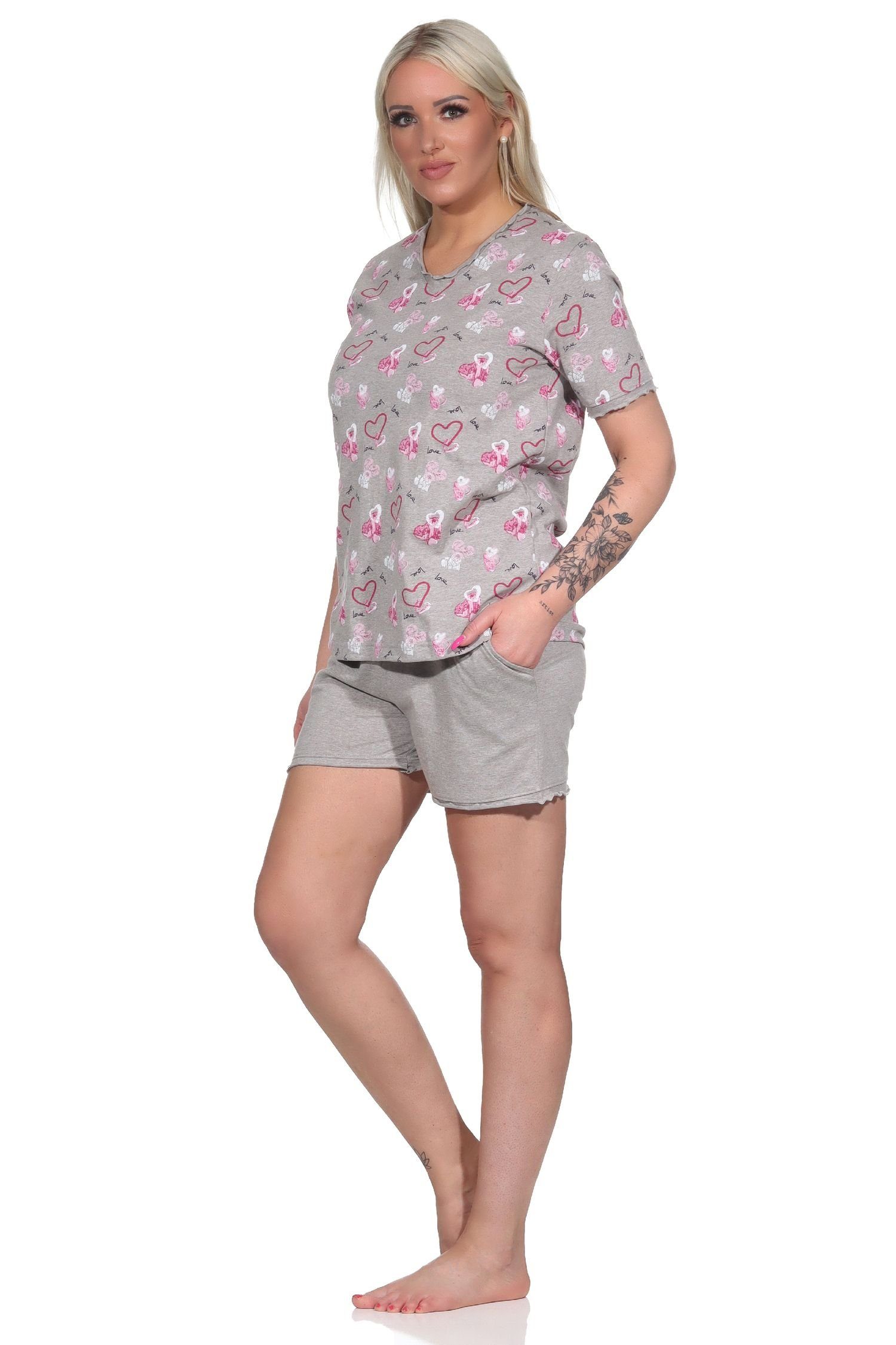 Schlafanzug Damen in Herz Normann auch grau-melange Optik Pyjama - Übergröße in Shorty kurzarm