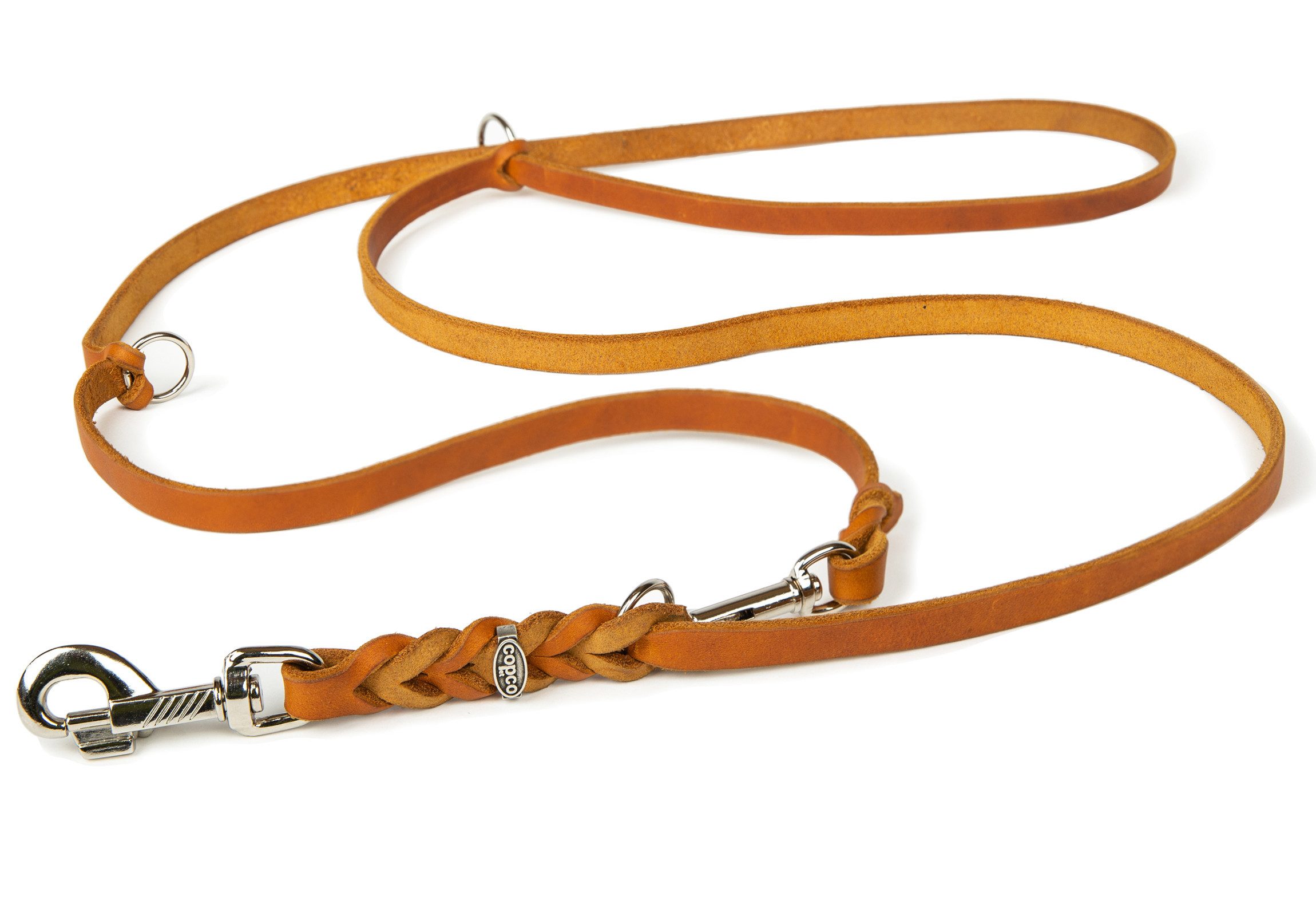 CopcoPet Hundeleine Fettlederleine Hundeleine geflochten dreifach verstellbar, Leder, Führerleine, zum umhängen, pflanzlich gegerbt, verschiedene größen