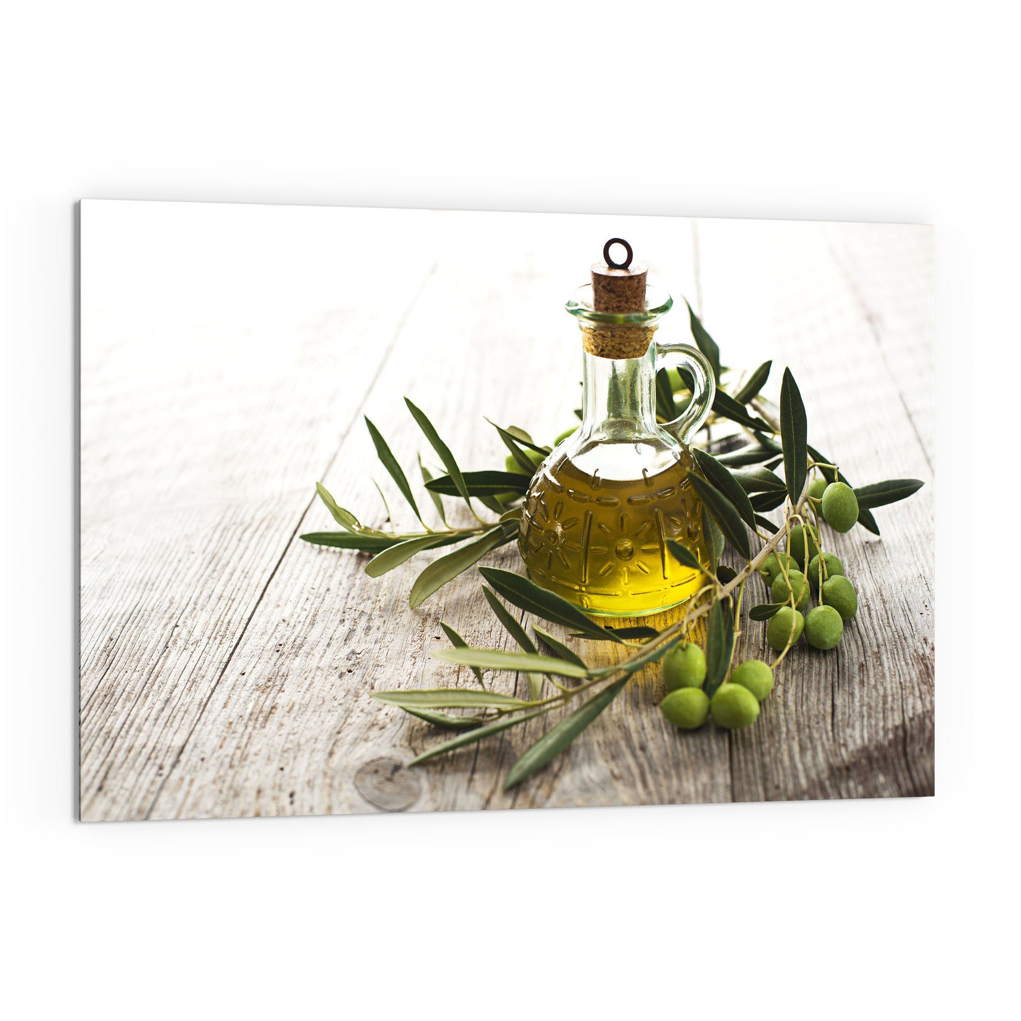 DEQORI Küchenrückwand 'Olivenöl mit Olivenzweig', Glas Spritzschutz Badrückwand Herdblende