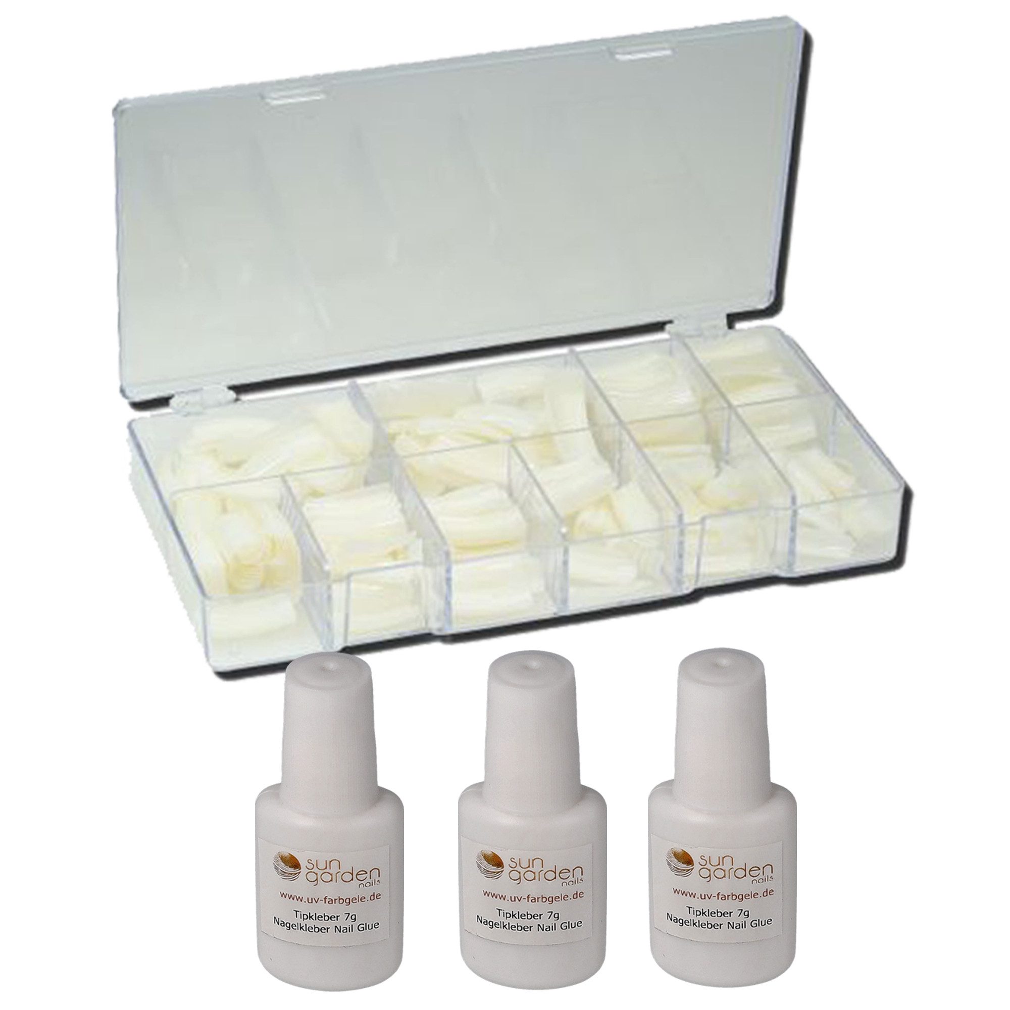 SUN GARDEN NAILS Nageldesign Zubehör Tipbox500 transparent inkl. 3 x 7g Tipkleber - Nail Tips-Tip Kleber- N mehr
