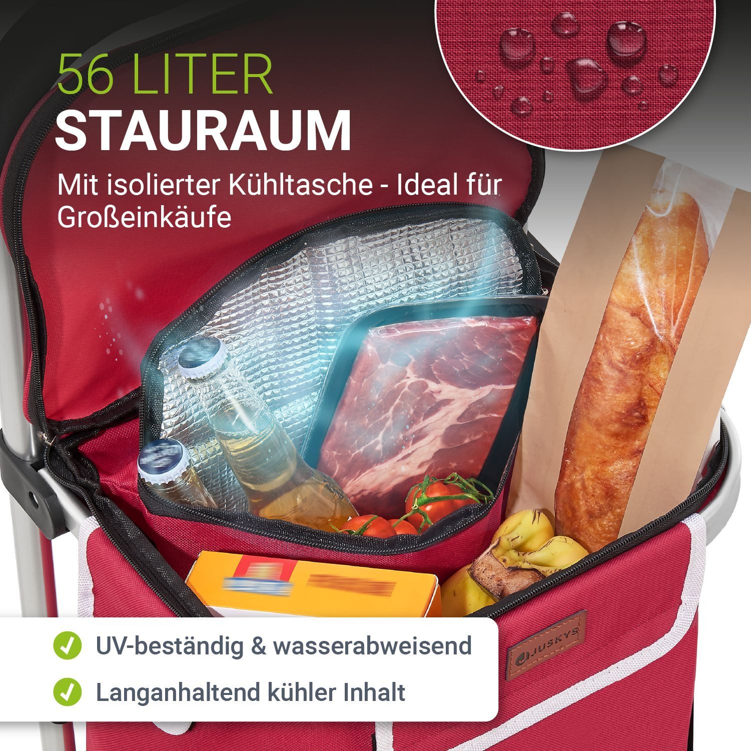 Juskys Einkaufstrolley 3in1, 56 l, mit 2 Rollen und Kühlfach, klappbar und modern, auch als Sackkarre