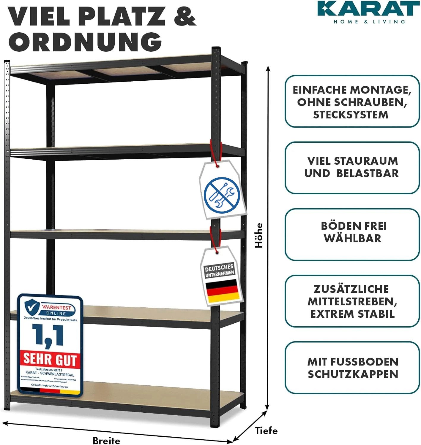 Karat Schwerlastregal Lakota aus Stahl, Belastbar bis 875kg, Aufbau ohne Werkzeug, 5 Böden, Spar-Set 2-tlg., Witterungsbeständig, In- & Outdoor, höhenverstellbare MDF-Böden