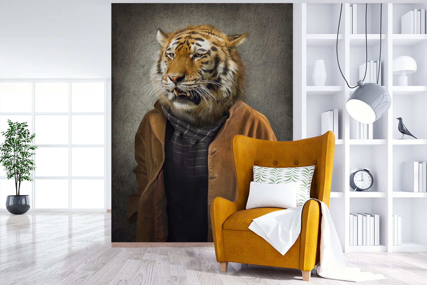 Tiger Kleidung MuchoWow bedruckt, St), Tapete Wandtapete - Porträt, (4 Montagefertig Matt, Vinyl Fototapete Wohnzimmer, für -