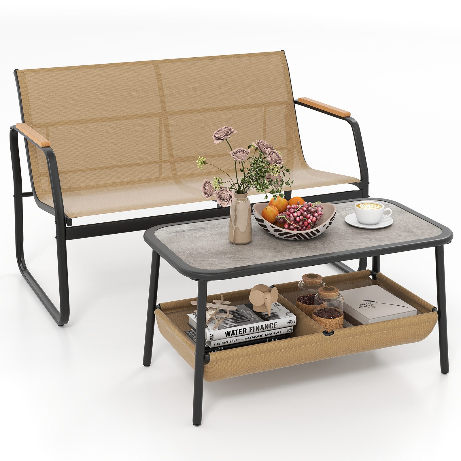 COSTWAY Balkonset, (2-tlg), 2-teilige Terrassenmöbel, Couchtisch-Set mit 2 Fächern