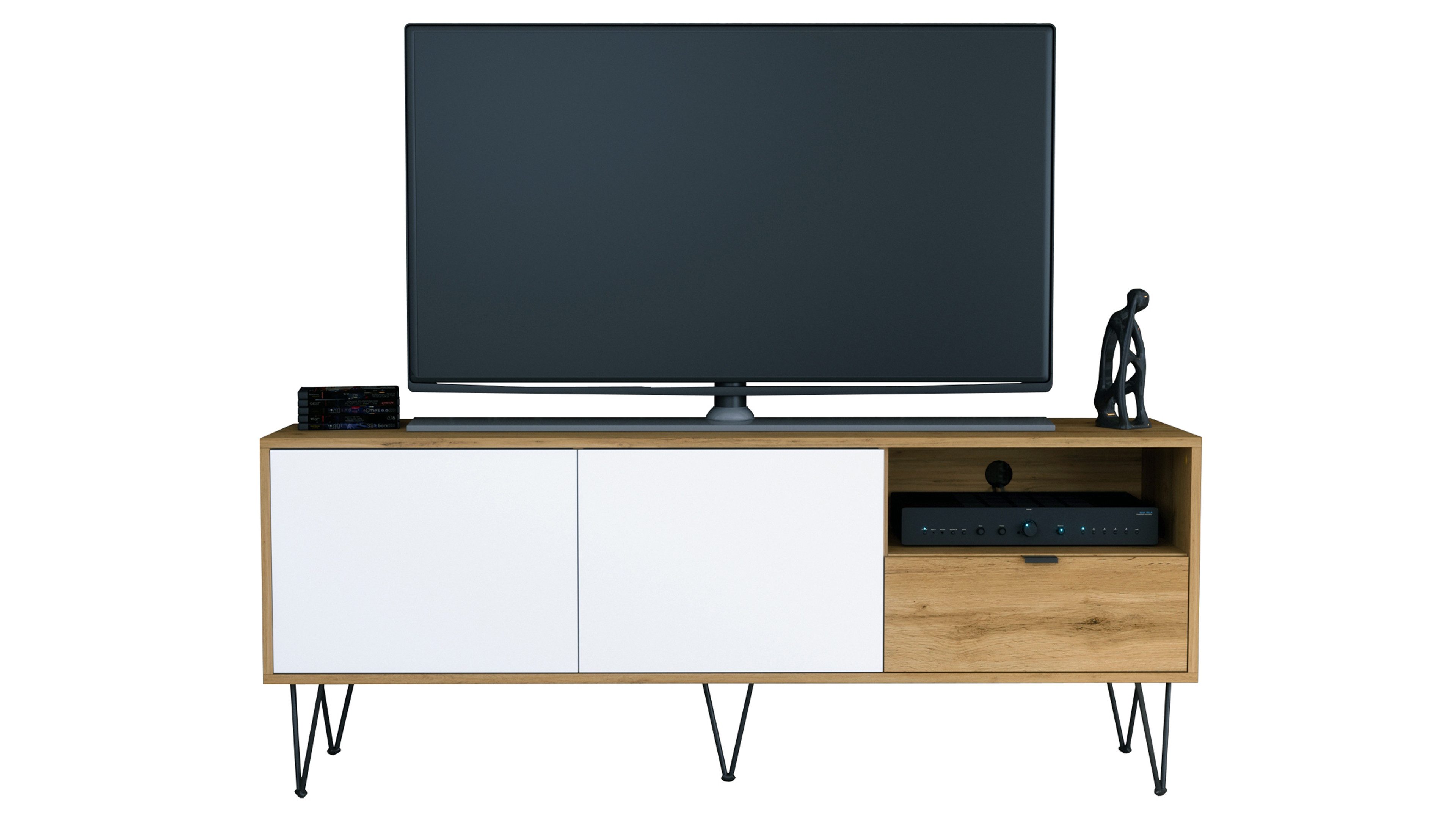 Vladon Lowboard Marino (Lowboard mit 2 Türen Weiß matt, und 1 Schublade Eiche Evoke, Made in Germany), Korpus Eiche Evoke (152,5 x 60,5 x 37 cm)