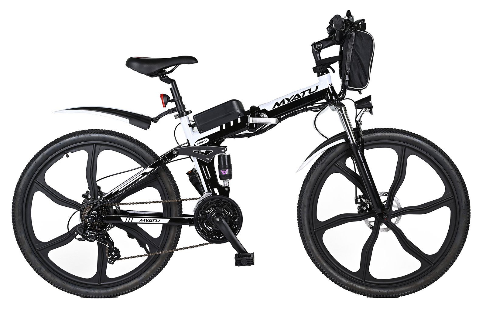 Myatu E-Bike 26 Zoll E-Mountainbike aus Aluminium, Klapprad mit 36V 10.4AH Batterie, 21 Gang Shimano, Kettenschaltung, Heckmotor, 375,00 Wh Batterie, (Set) Schwarz