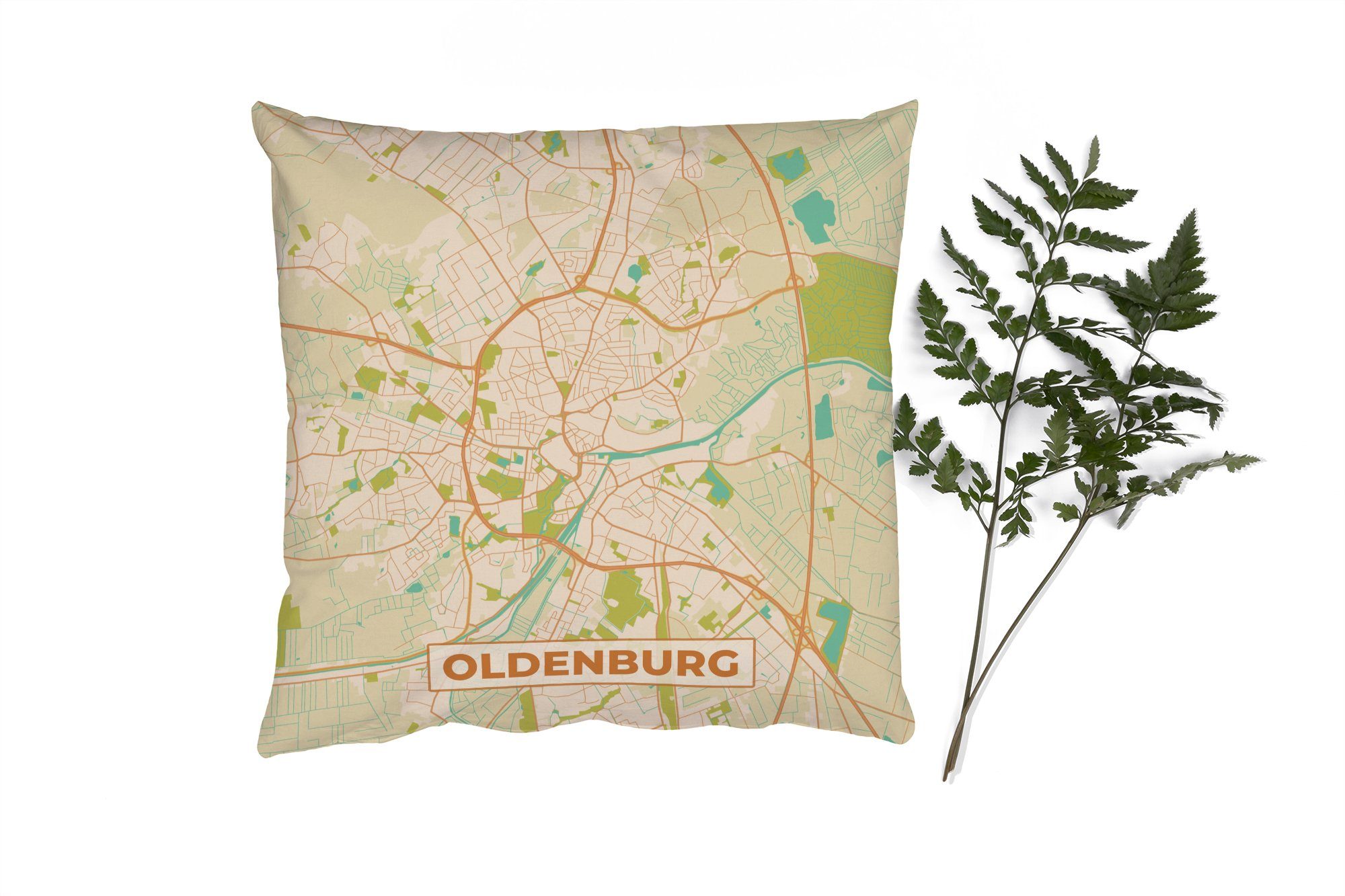 MuchoWow Dekokissen Karte - Oldenburg - Jahrgang - Karte, Zierkissen mit Füllung für Wohzimmer, Schlafzimmer, Deko, Sofakissen
