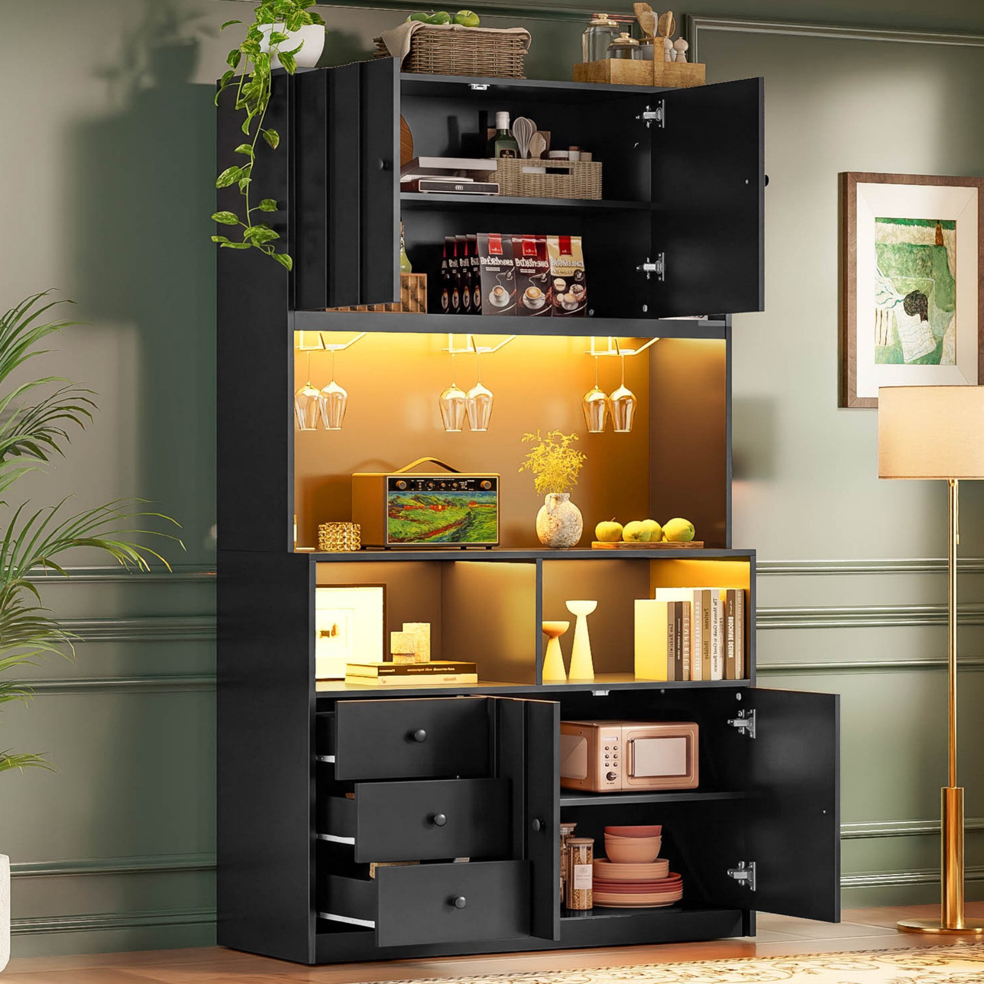 Flieks Küchenbuffet Hochschrank mit LED-Beleuchtung, Steckdose, Gläserhalter Landhausstil (B100/T40/H180 cm, 1-St) Küchenschrank …