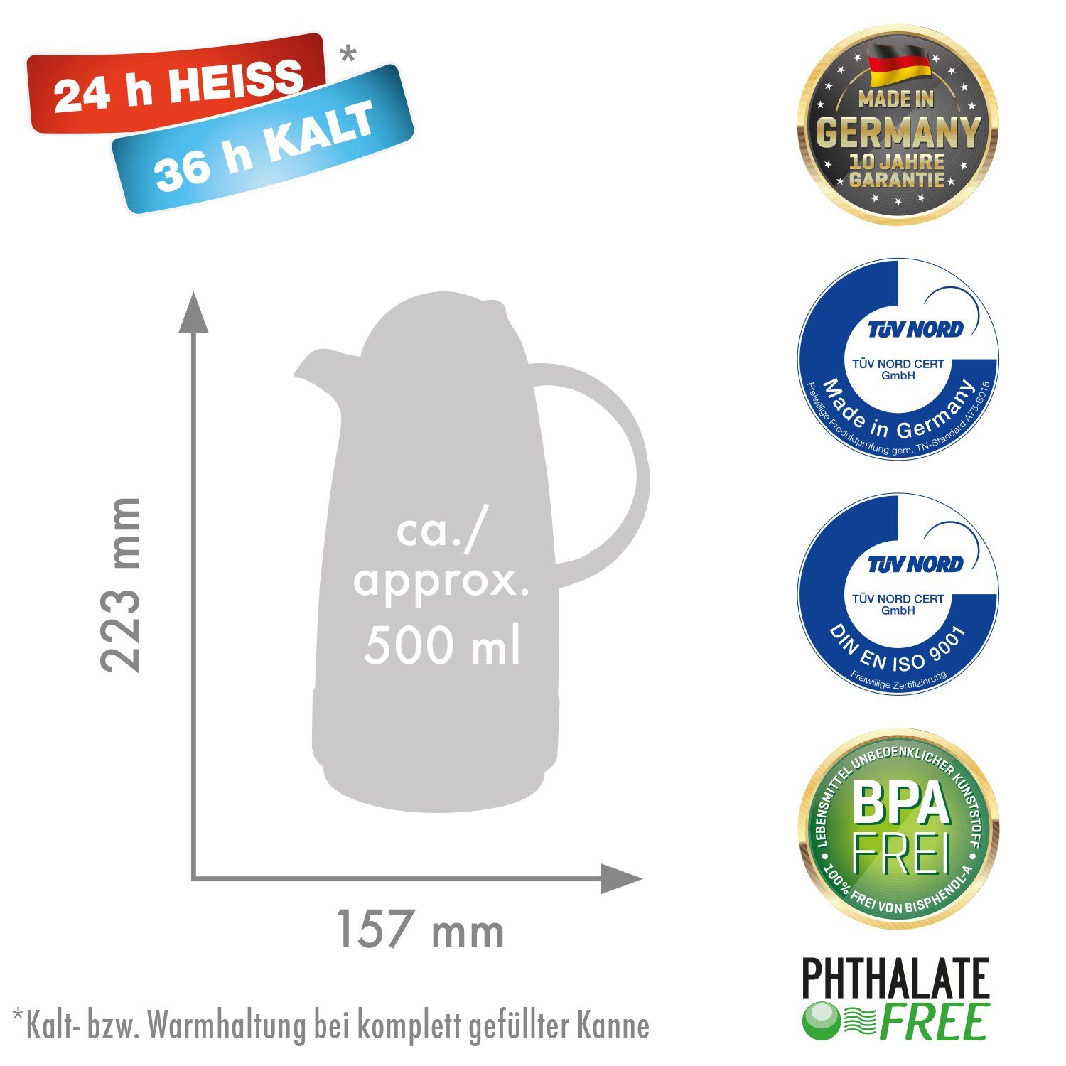 ROTPUNKT Isolierkanne 0,5 ltr. hochwertig I Glaseinsatz I BPA Frei I 24 Std warm 36 std kalt, 0,5 l, (Kaffeekanne I Teekanne, 200 polar/grashopper), Glaskolben aus doppelwandigem Rosalin-Glas