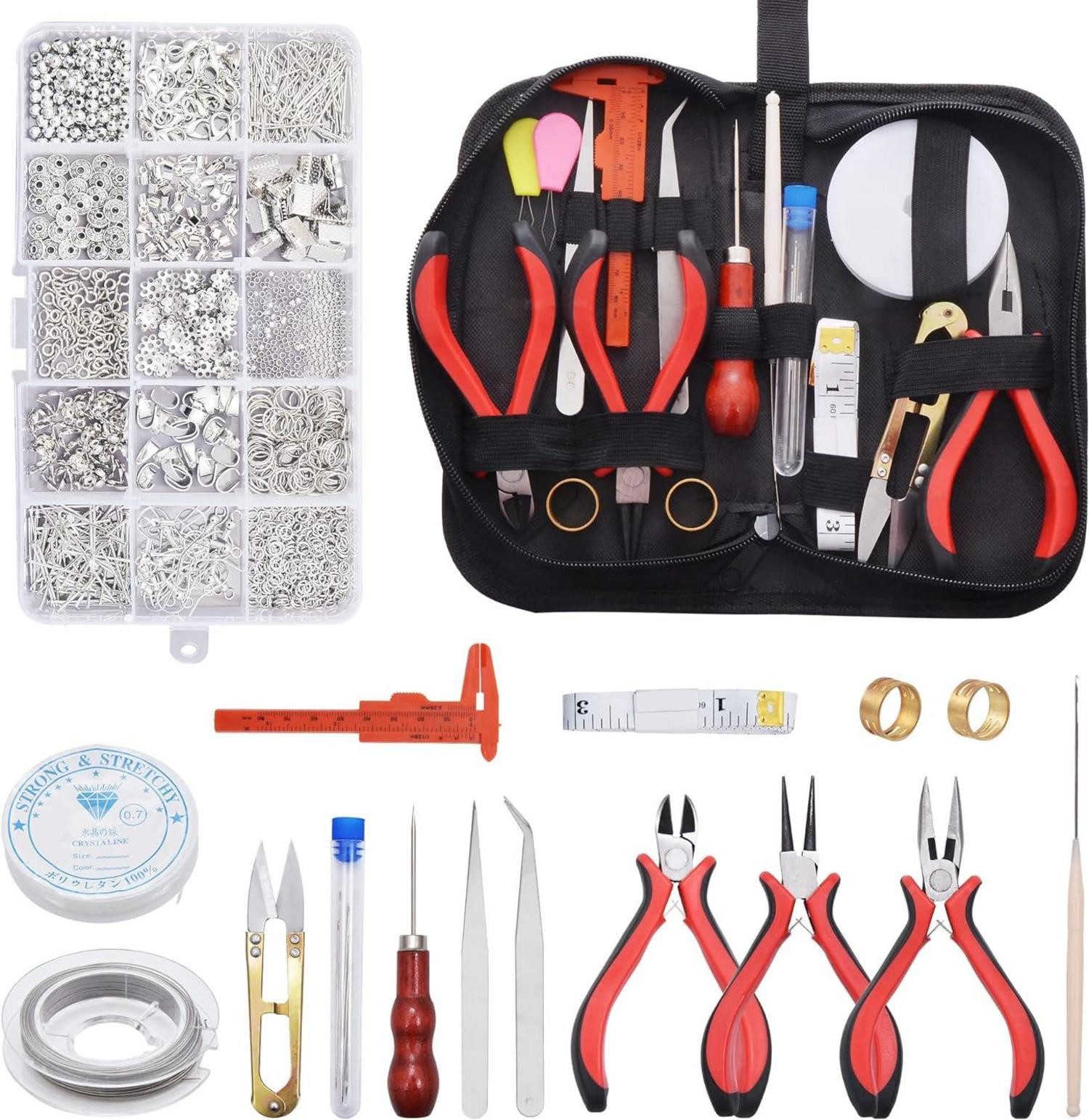 Schmuckset Schmuckherstellung Set 14tlg. mit 1300 pcs Zubehör Zange Werkzeuge