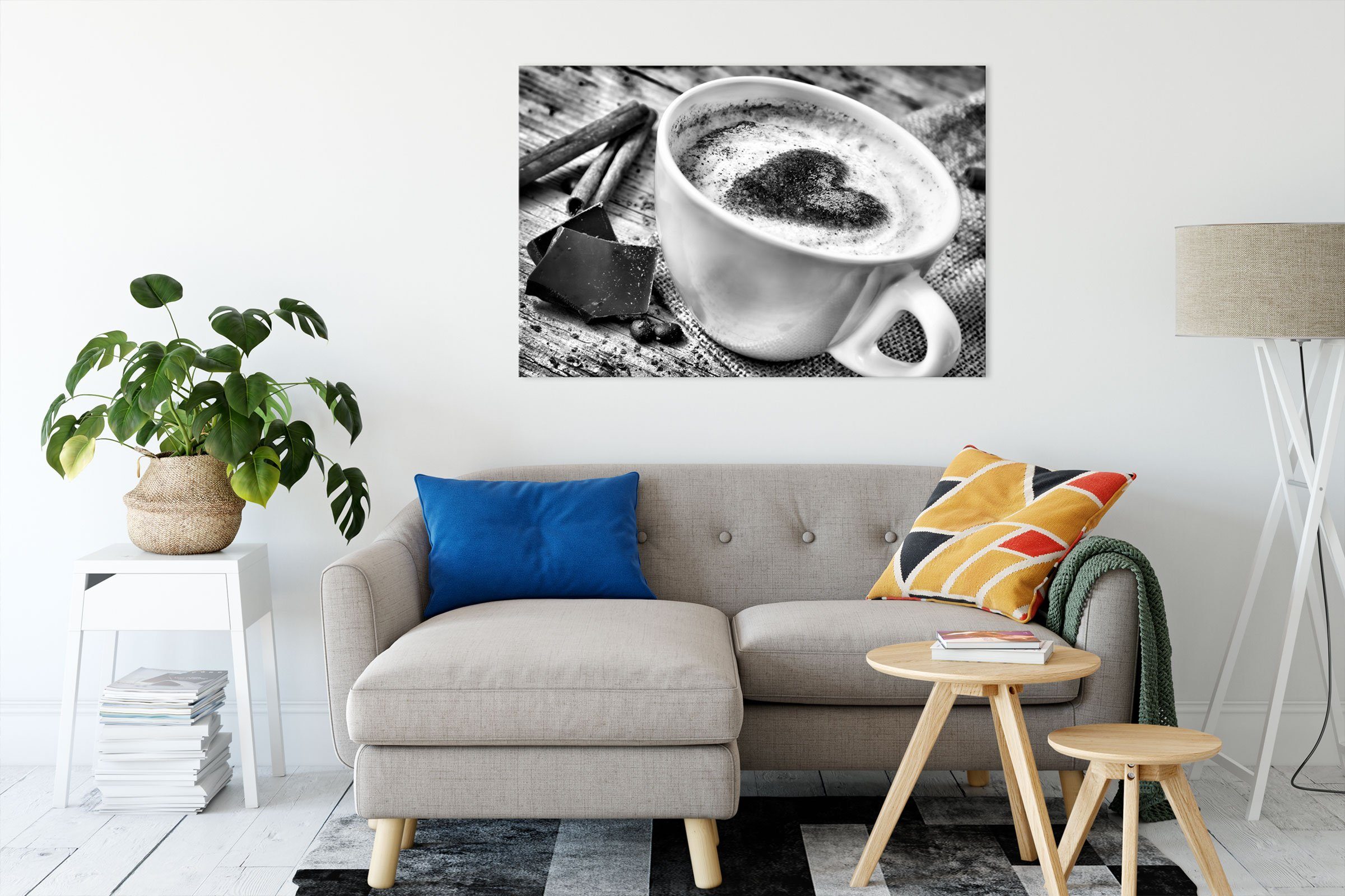 Zackenaufhänger bespannt, Leinwandbild Kaffe Kaffe inkl. Kaffeebohnen Kaffeebohnen, Leinwandbild Pixxprint fertig (1 St),