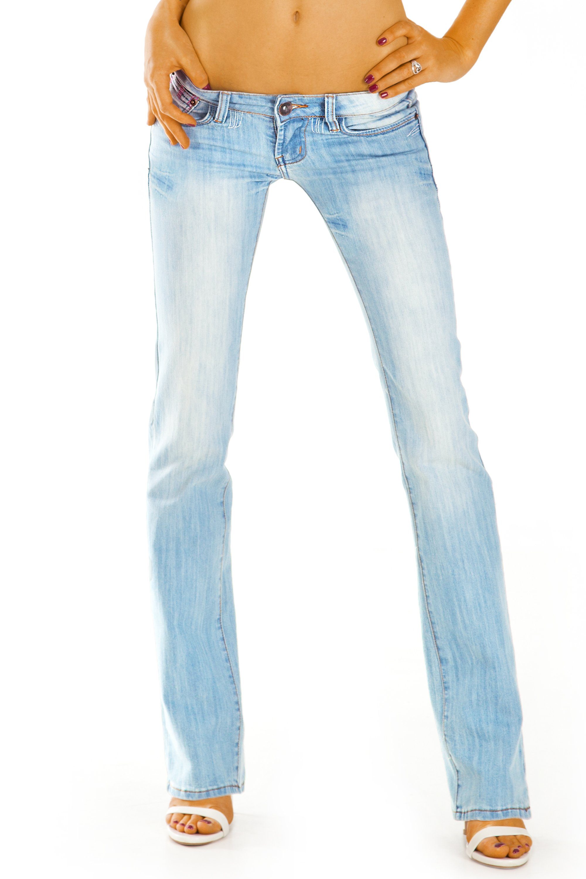tiefer 5-pOcket-Style Stretch-Anteil, Leibhöhe, Bootcut - extrem Leibhöhe - styled Bootcut-Jeans Jeanshose sehr Damen j37a-1 be mit Hüftjeans niedrige
