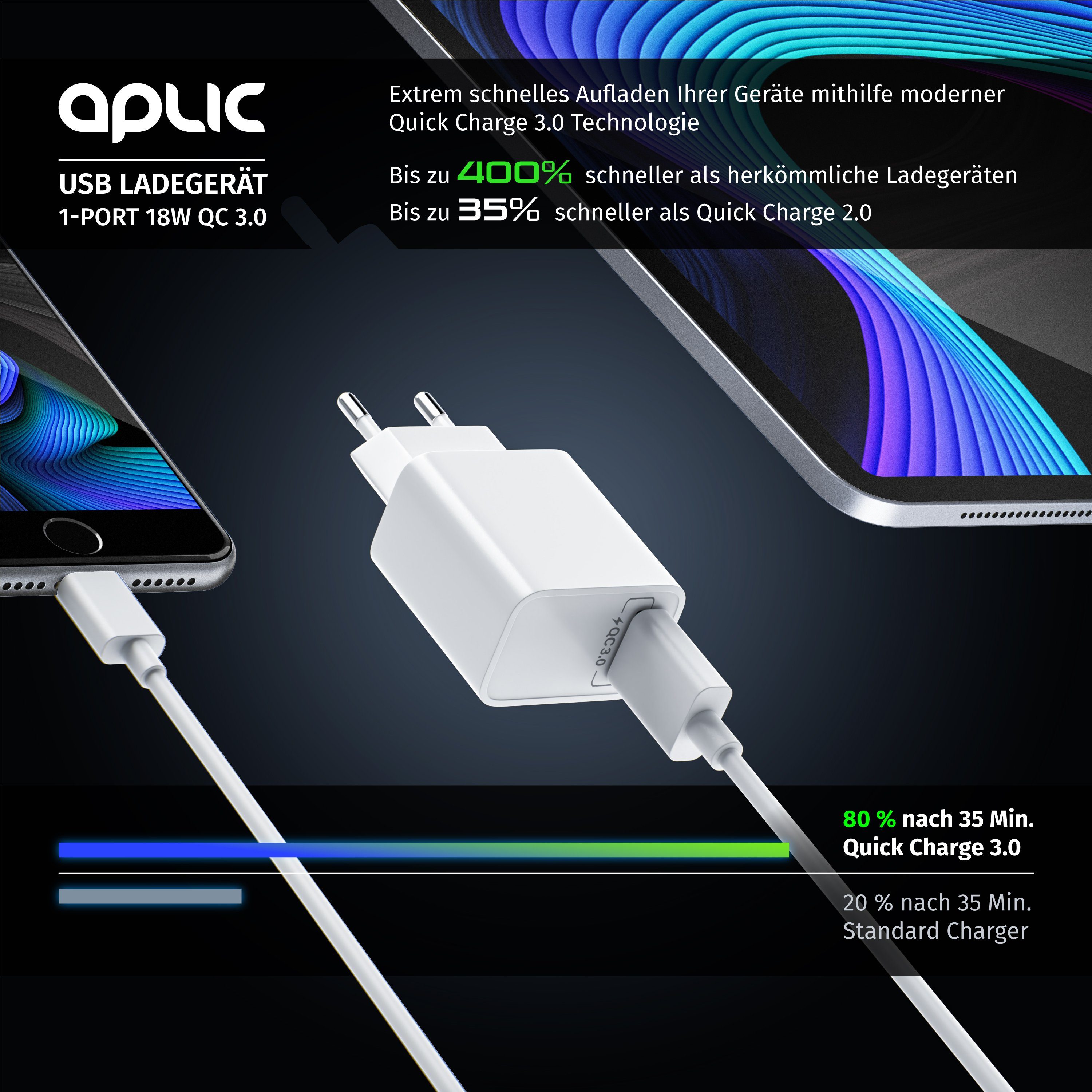 Aplic USB-Ladegerät (3000 mA, Quick Charge 3.0 USB-Ladegerät 1x USB A QC 3.0 Port / max. 3A über QC)