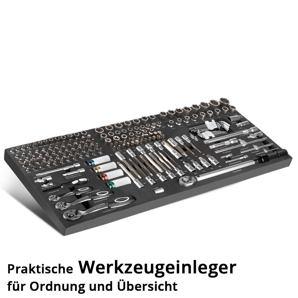 STAHLWERK Steckschlüssel Werkzeugeinlage mit 186-teiligem Bit- und Steckschlüssel-Satz CrV, Schweißer-Gripzangen inklusive Transportkoffer