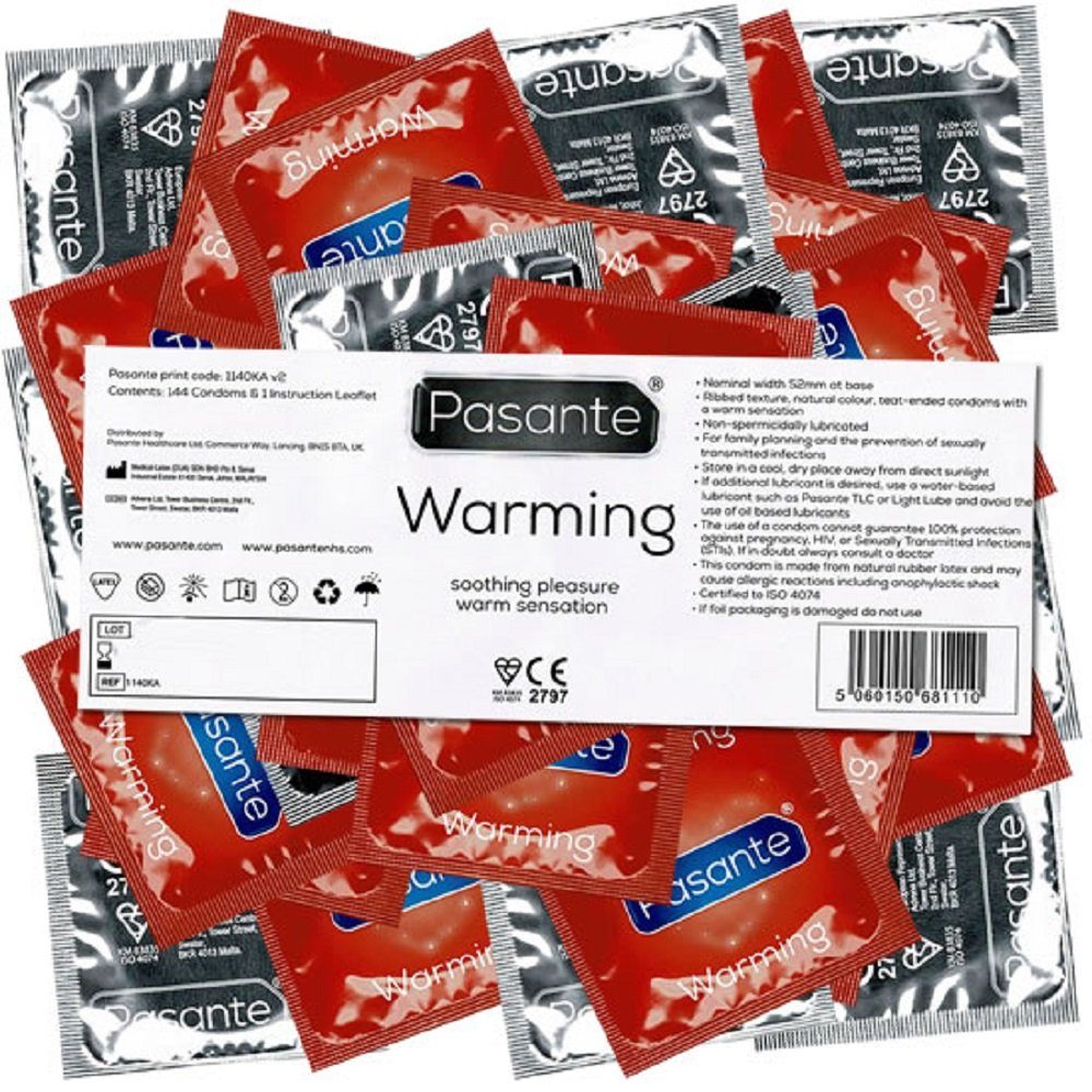 Pasante Kondome Warming (gerippte Kondome mit Spezialbeschichtung) Packung mit, 144 St., wärmender Effekt für intensive Stimulation