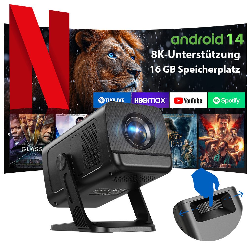 XGODY Android 14 Projektor Ultra HD 8K, Integrierte App,WiFi 6, BT 5.4 Mini-Beamer (12000 lm, 8000:1, 3840 x 2860 px, KI-Auto-Keystone, 180°Dreh, Tragbarer Beamer Heimkino mit TV Stick)