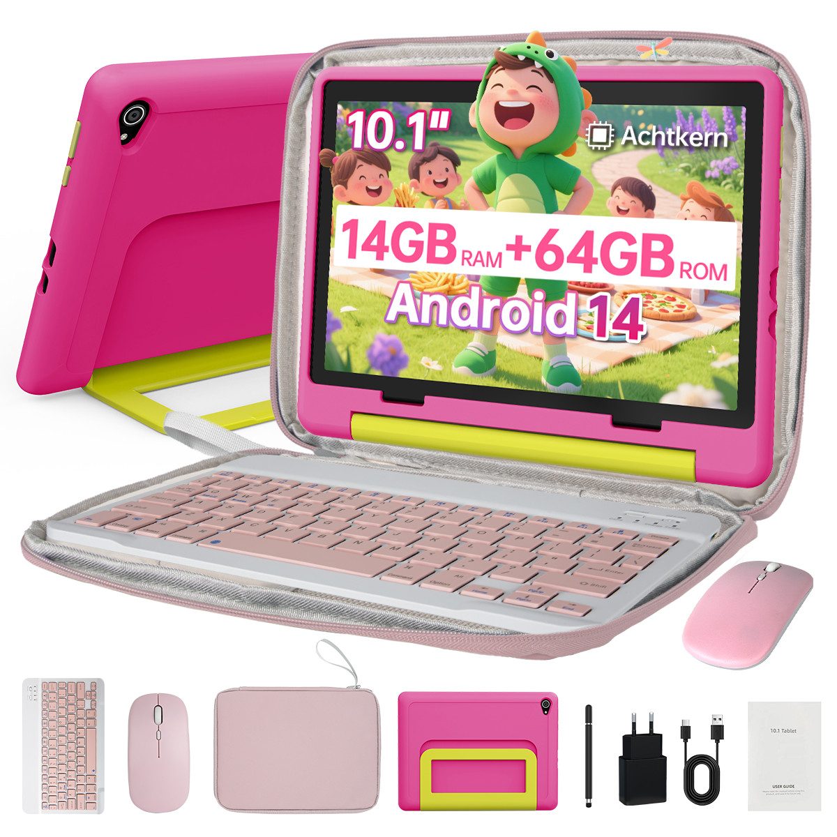 BUFO Android 16 10-Zoll, 24(3+21) GB RAM + 64 GB ROM (TF Expand 1TB) Kinder Tablet (10", 64 GB, Android 16, WiFi 6, Android 15, HD IPS 1280x800 mit Tastatur, Maus, Stift und Tasche)