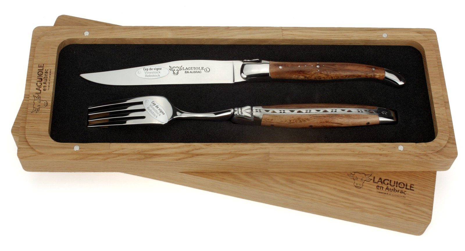 Laguiole en Aubrac Steakbesteck 1CF99CVIH, 1 Messer / 1 Gabel - Griff Weinrebe - Backen glänzend - Stahl glänzend