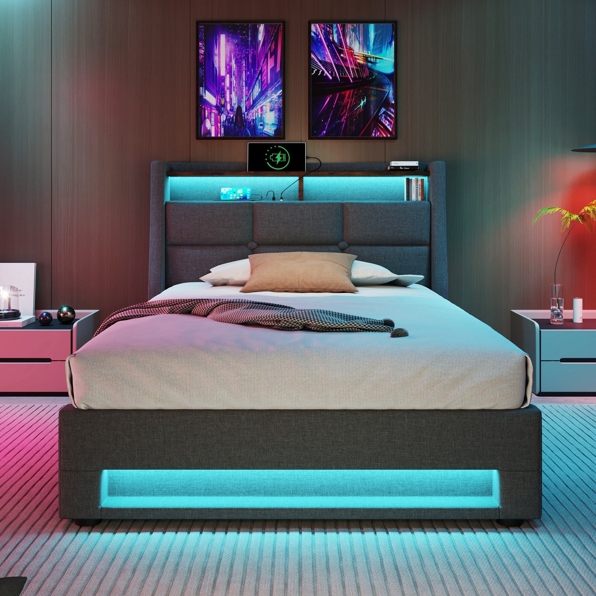 OKWISH Polsterbett Bett (LED Einzelbett mit günstig online kaufen