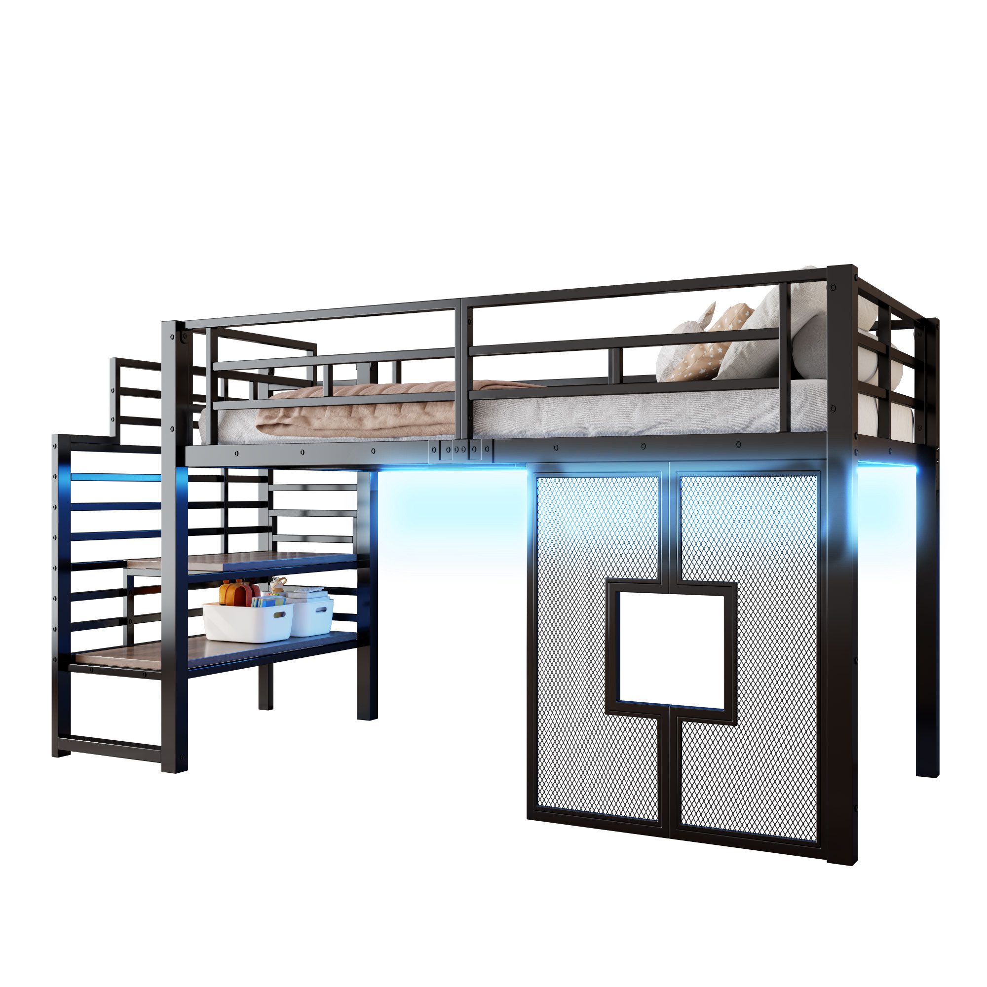 MODFU Hochbett für Kinder mit LED-Beleuchtung (Stauraumtreppe & Fenstern – platzsparend für Kinderzimmer, Spielbereich & Schlafbereich, 1-St., 257 x 98 x 128)