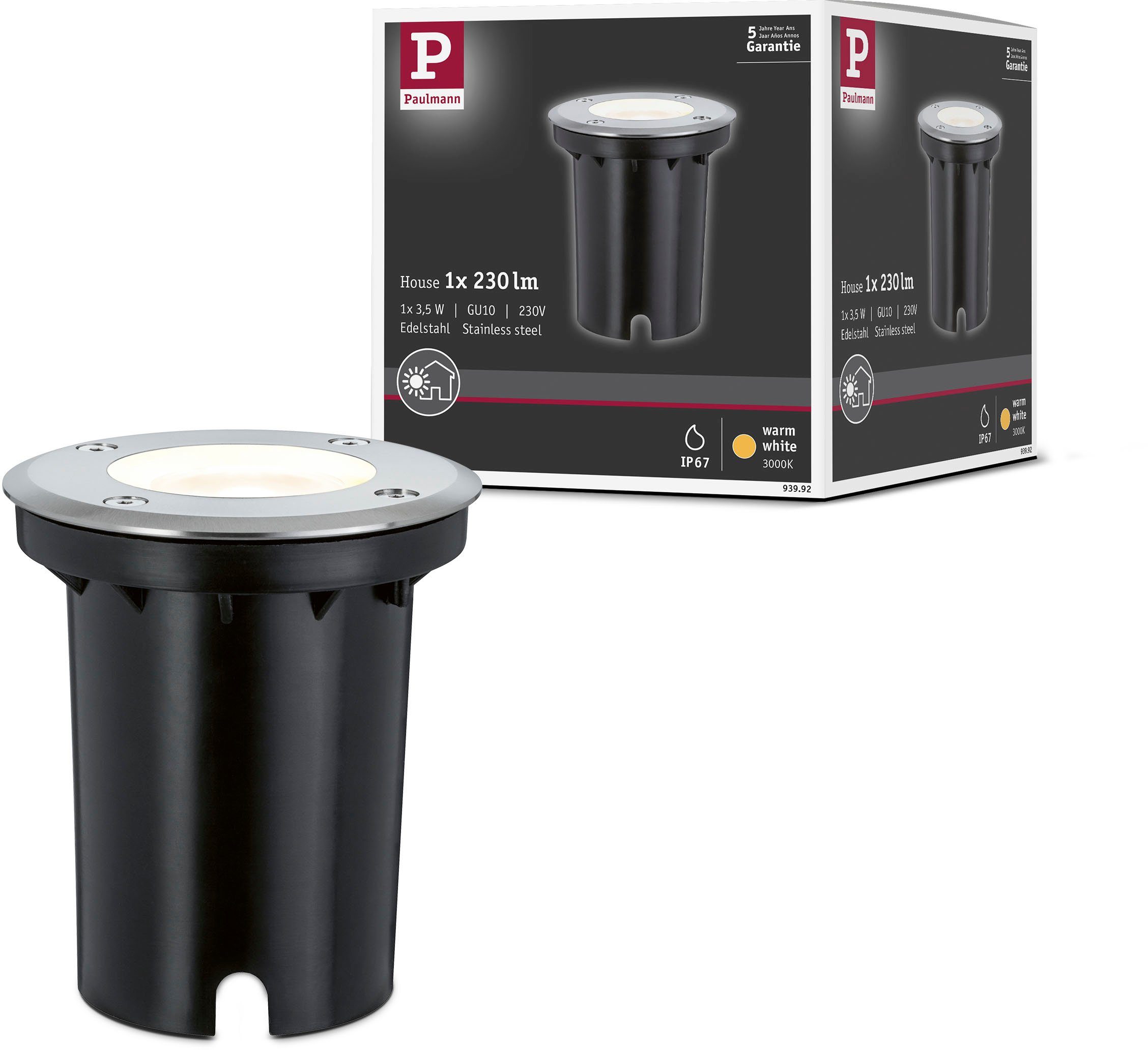 Paulmann LED Einbauleuchte Outdoor 230V Boden IP67 rund GU10 3,5W 140x140mm Edelstahl/Metall, LED fest integriert, Warmweiß, GU10, IP67