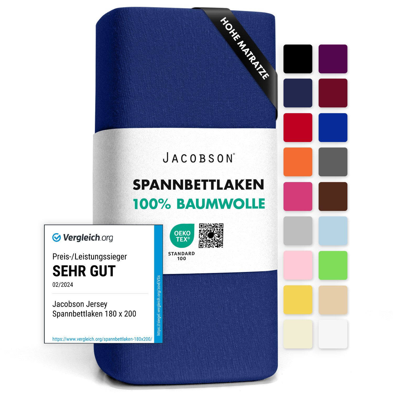 Jacobson Spannbettlaken BOXSPRING & ÜBERLÄNGE aus 100% Baumwolle, für hohe & lange Matratzen, Jersey Bettlaken 160 g/m²