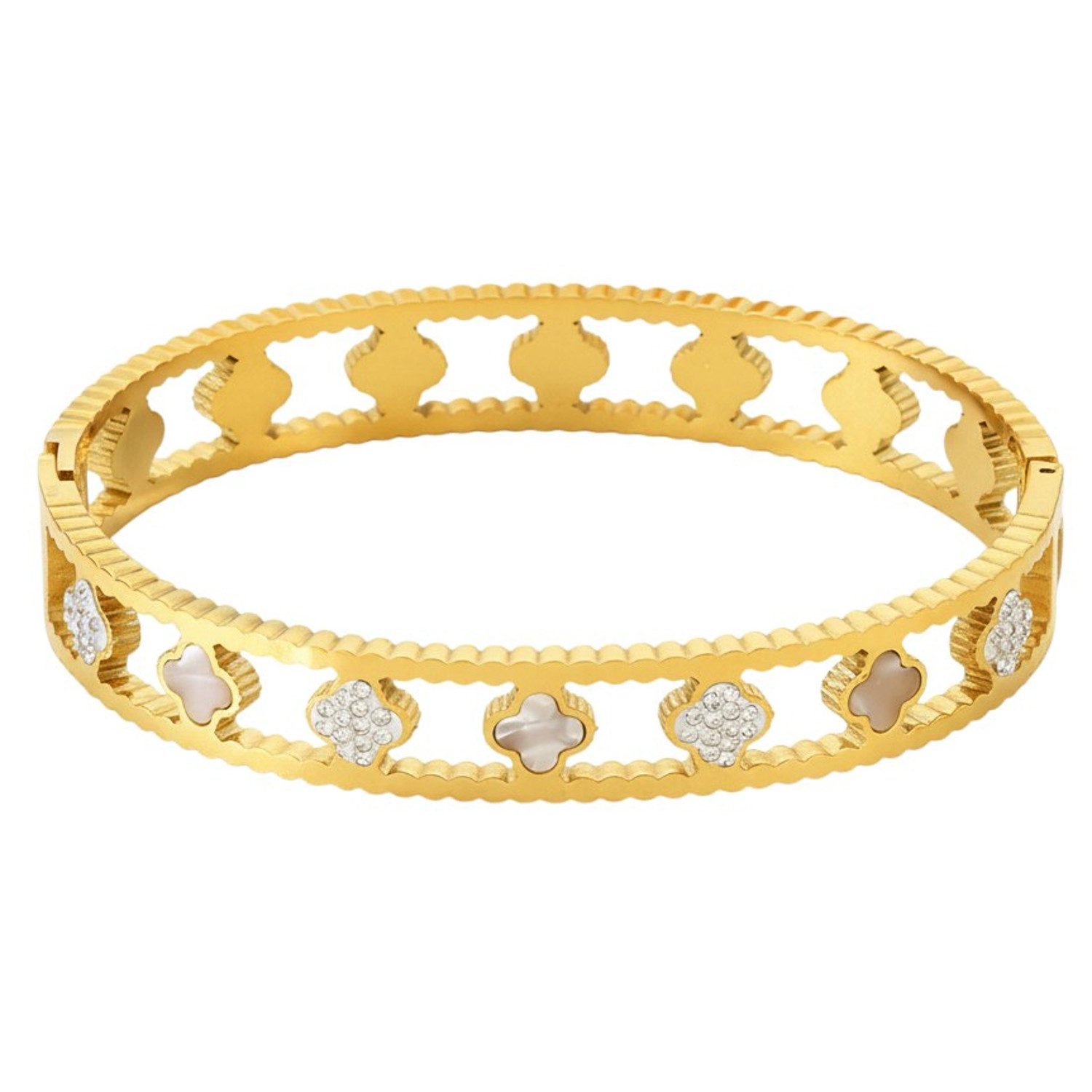KARMA Armreif Damen Kleeblatt Gold Edelstahl Kristalle modernes Design (wasserfest hypoallergen, Damenschmuck Damenarmreif), vergoldet