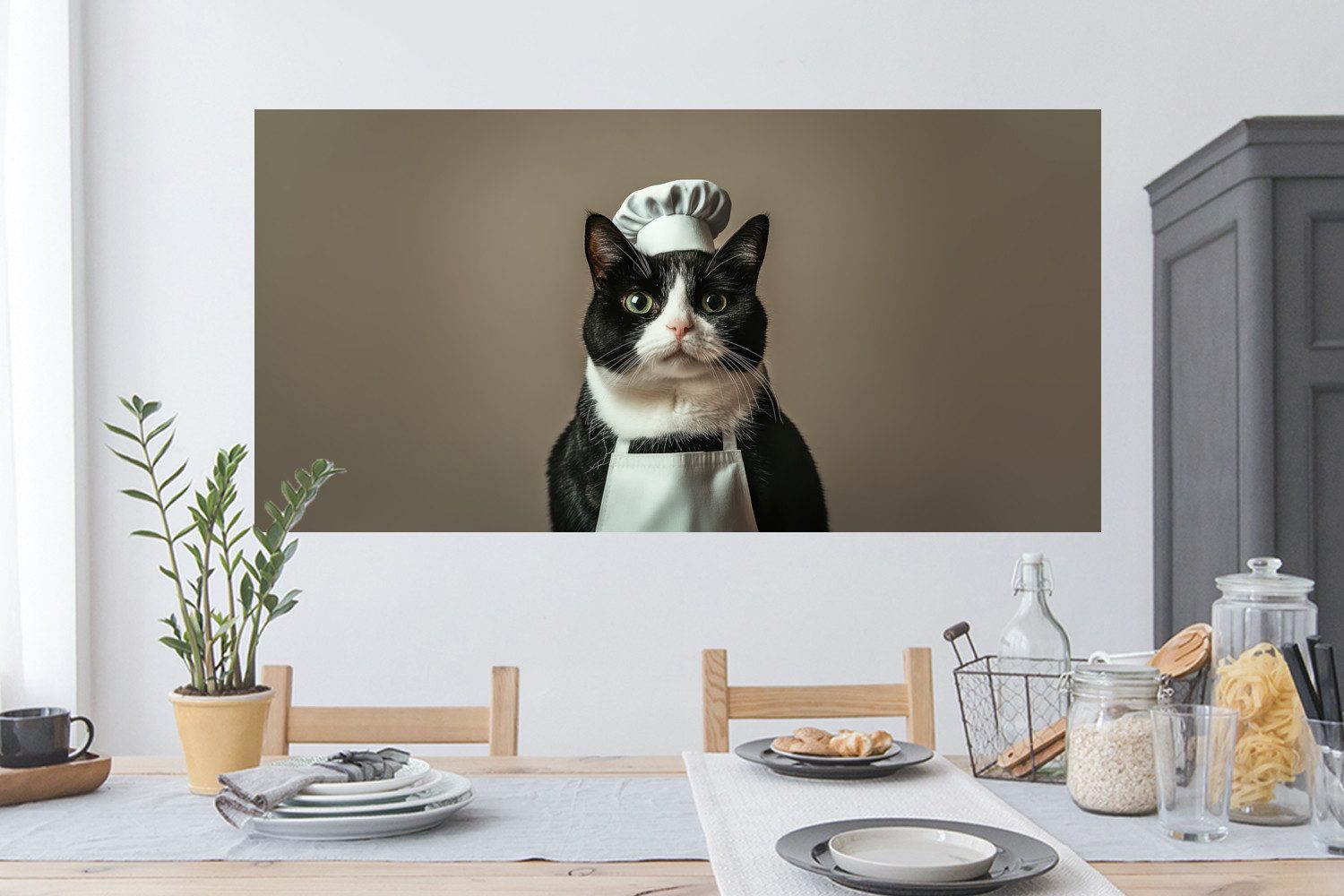 MuchoWow Wandsticker Katze - Kochkleidung - Schwarz - Weiß (1 St), Sticker für die Wohnzimmer und Schlafzimmer, 120x60 cm