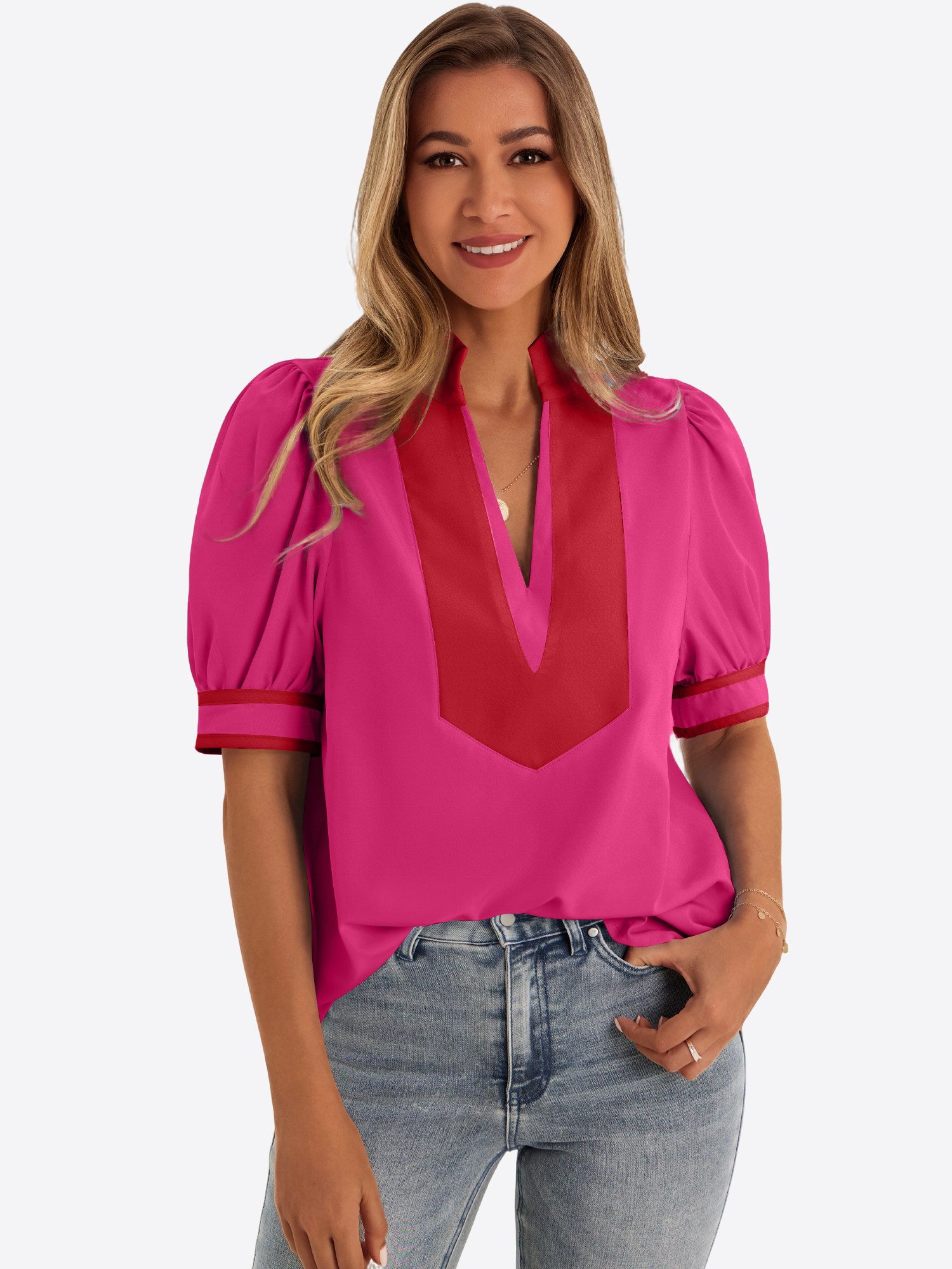 Imily Bela T-Shirt Damen Puffarmbluse mit V-Ausschnitt (Packung, 1-tlg., 1per-Pack) kontrastfarben